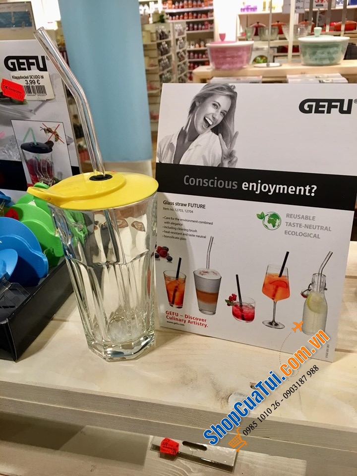 SET ỐNG HÚT THUỶ TINH DÁNG CONG 4 CÁI KÈM CHỔI VỆ SINH GEFU GERMANY 