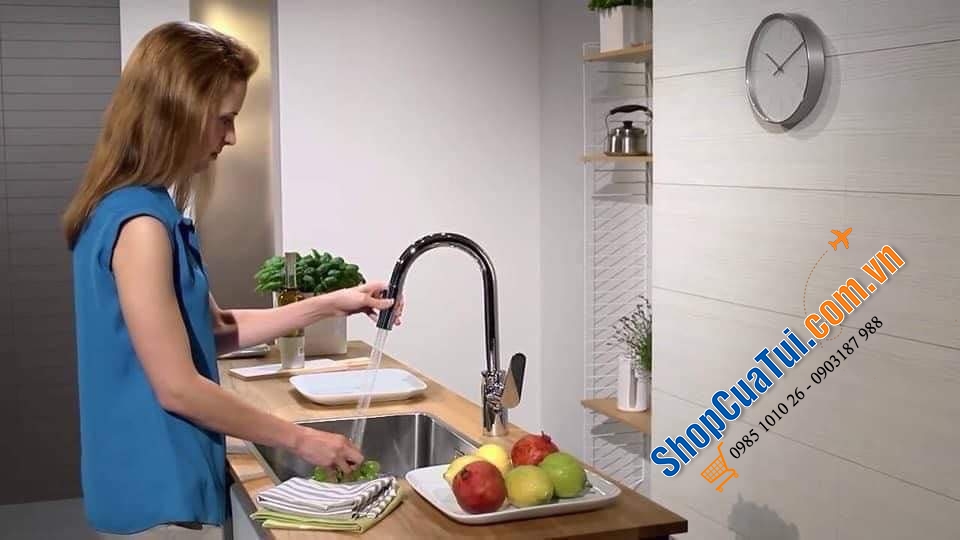 VÒI RỬA BÁT RÚT DÂY HANGROHE FOCUS 31815000 - Made in Germany - thiết kế đơn giản cong cổ điển, bền đẹp và dễ dàng sử dụng