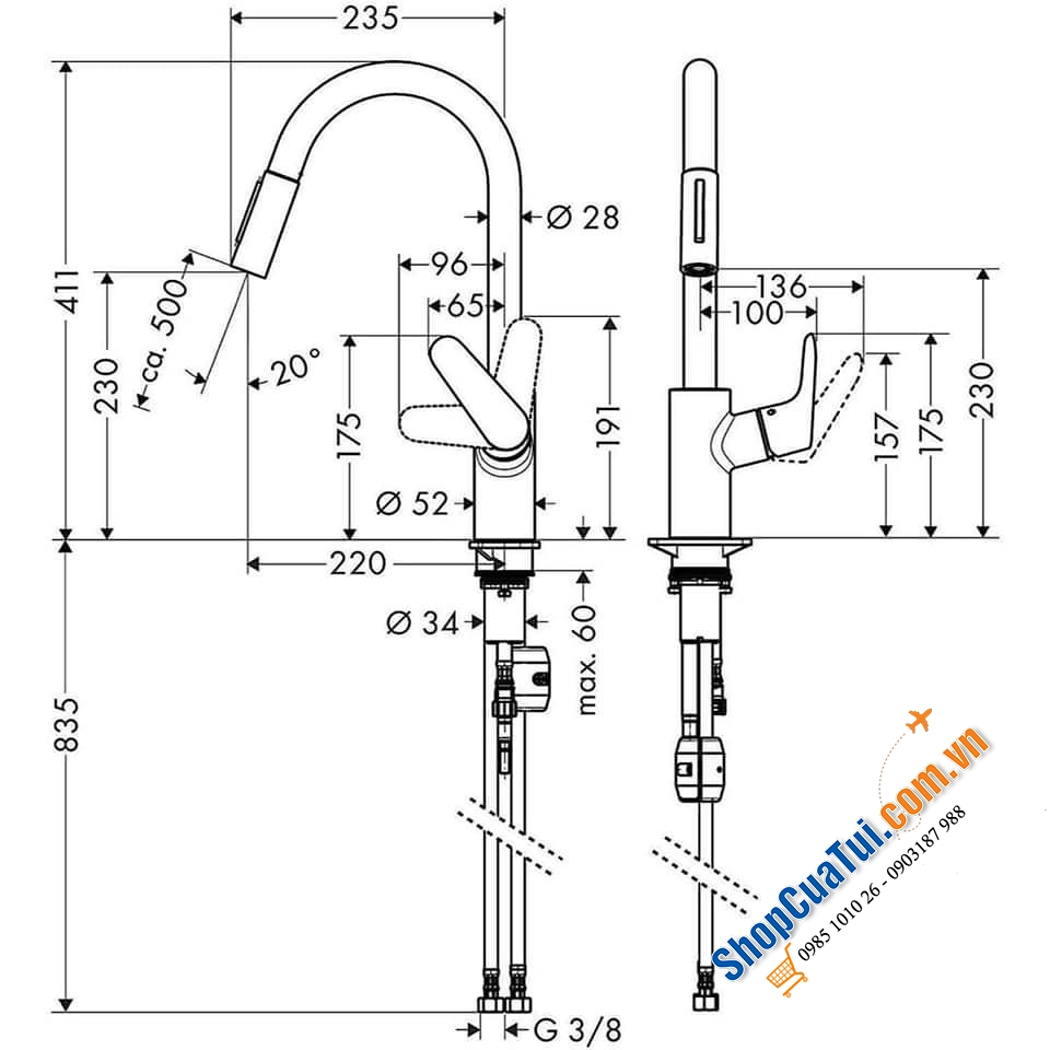 VÒI RỬA BÁT RÚT DÂY HANGROHE FOCUS 31815000 - Made in Germany - thiết kế đơn giản cong cổ điển, bền đẹp và dễ dàng sử dụng