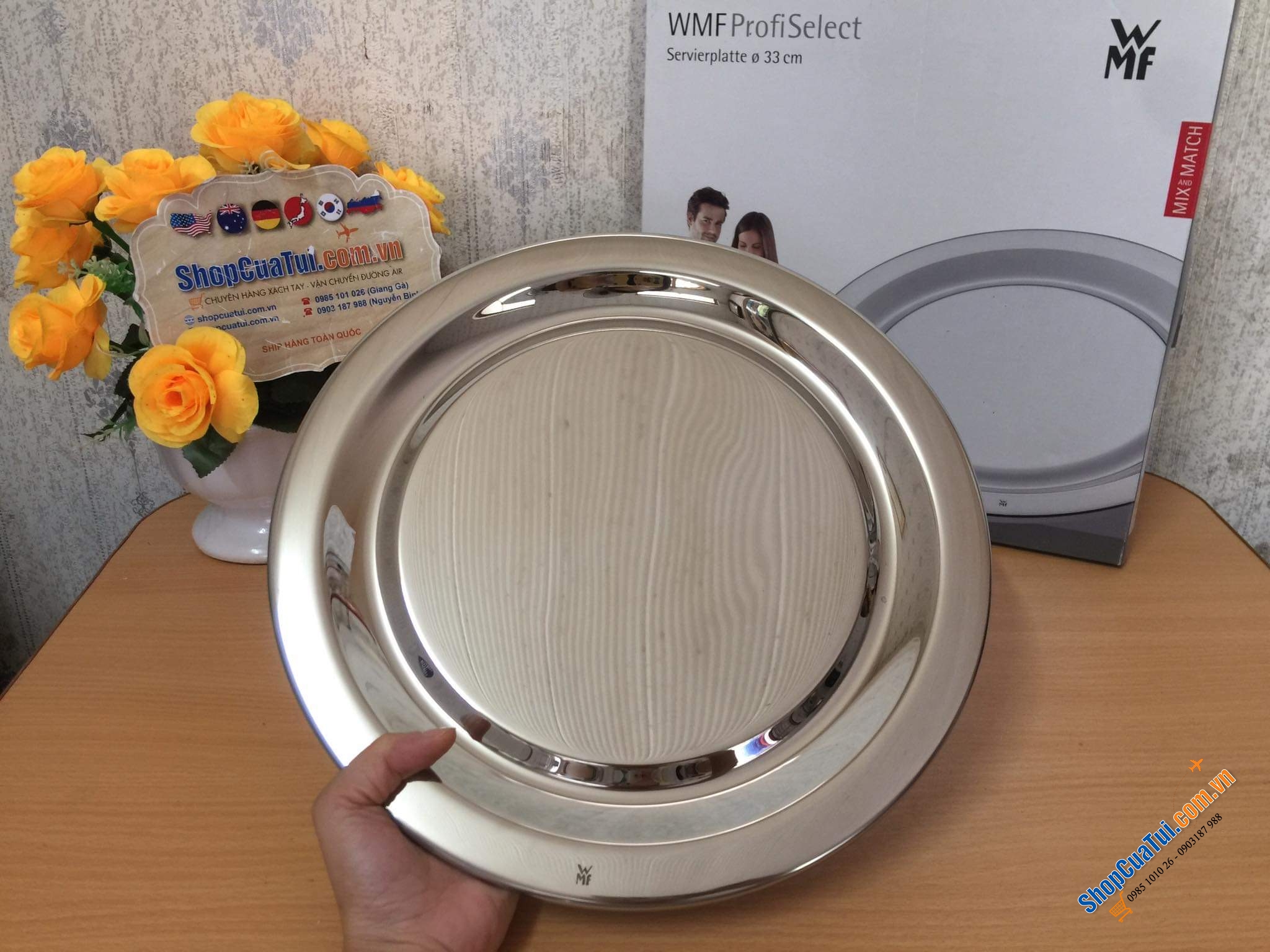 ĐĨA KHAY INOX WMF 33 CM. Làm khay, làm đĩa, làm mâm nhỏ đựng đồ lễ, thức uống,...rất tiện dụng