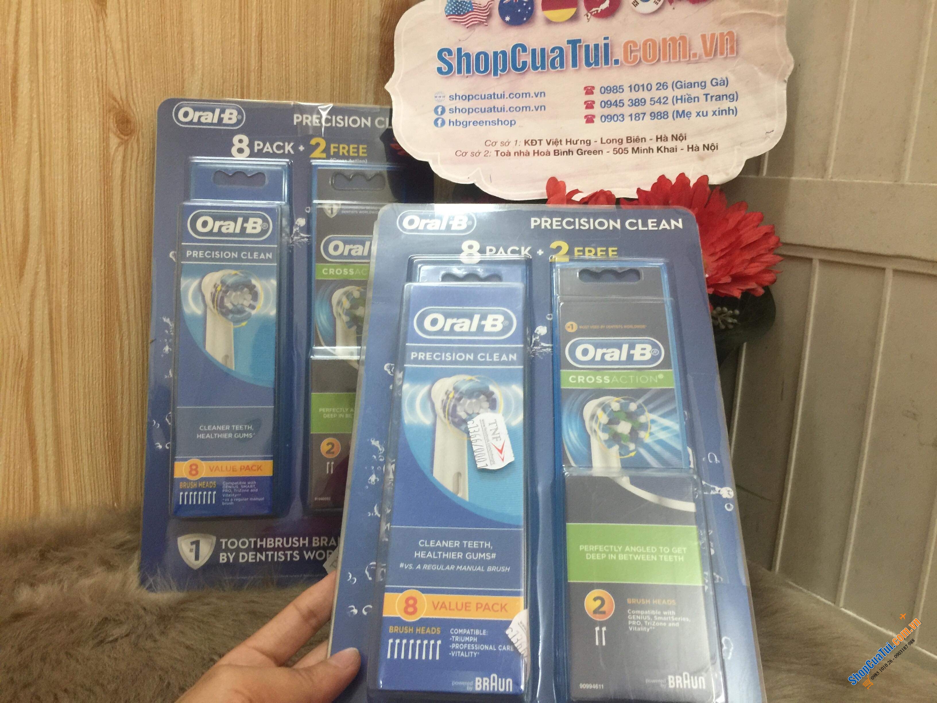 Set 10 đầu bàn chải sơ cua Oral B gồm 8 đầu chải Precision Clean được tặng thêm 2 đầu chải Cross Action làm sạch sâu