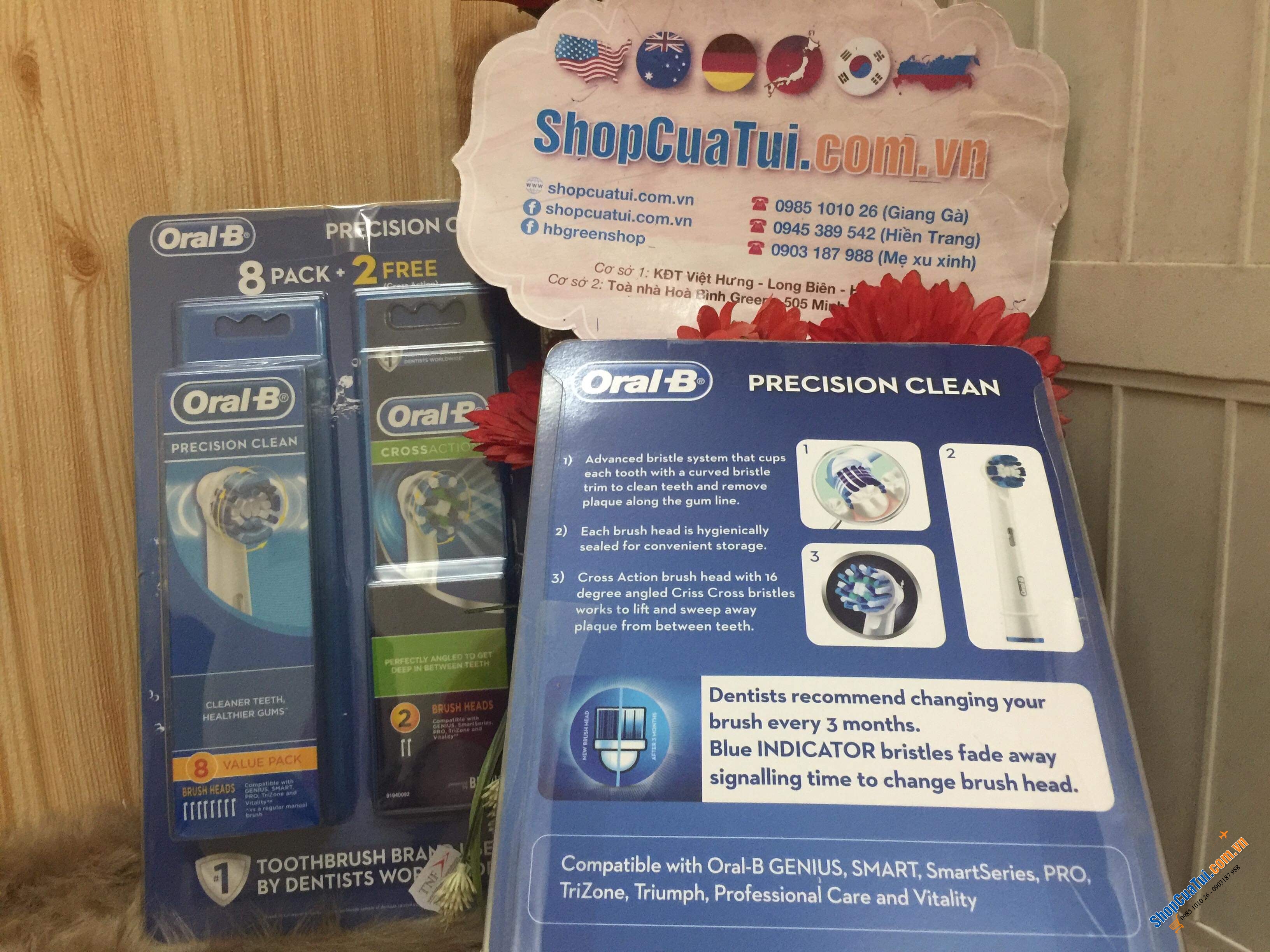 Set 10 đầu bàn chải sơ cua Oral B gồm 8 đầu chải Precision Clean được tặng thêm 2 đầu chải Cross Action làm sạch sâu