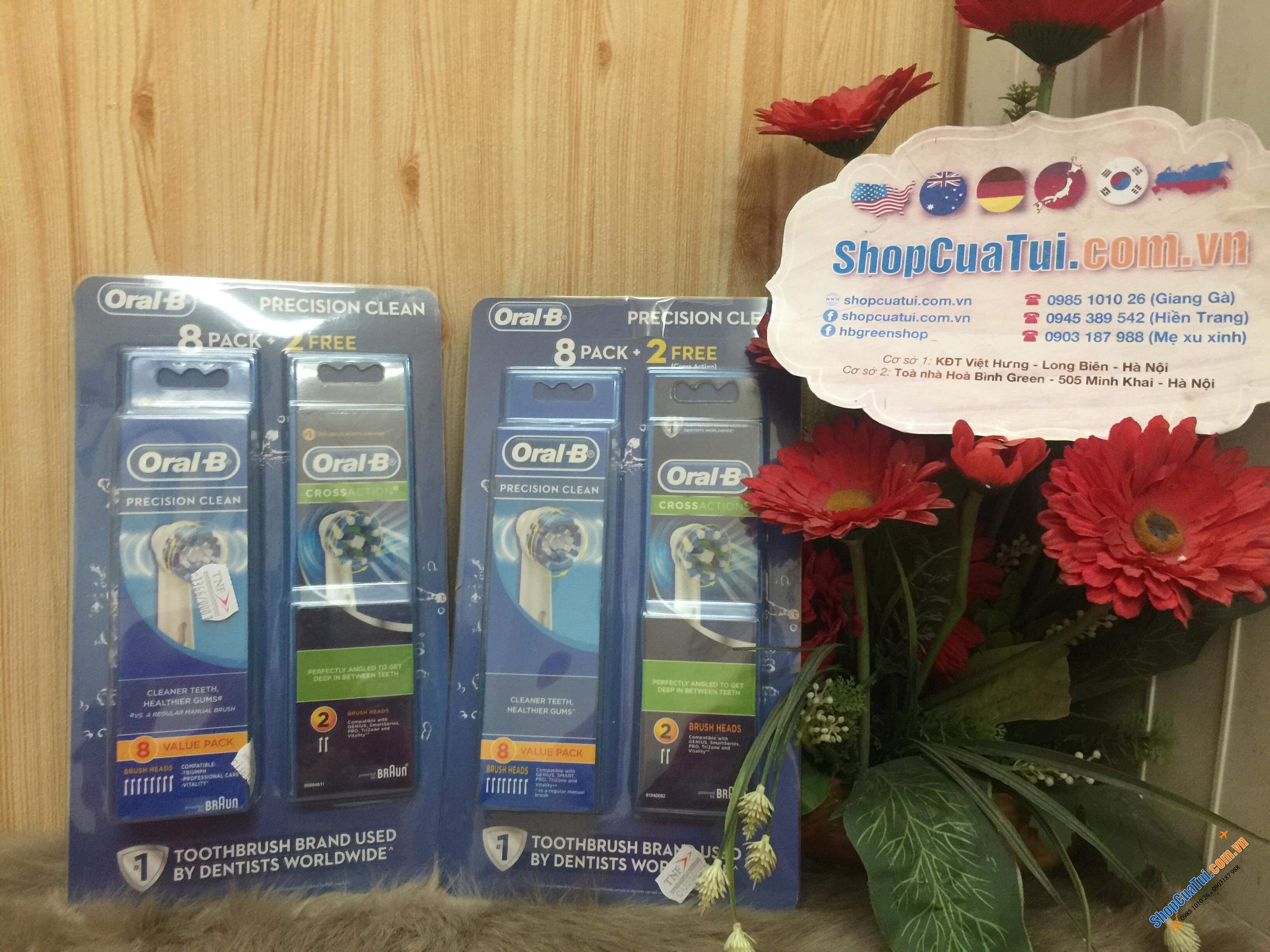 Set 10 đầu bàn chải sơ cua Oral B gồm 8 đầu chải Precision Clean được tặng thêm 2 đầu chải Cross Action làm sạch sâu