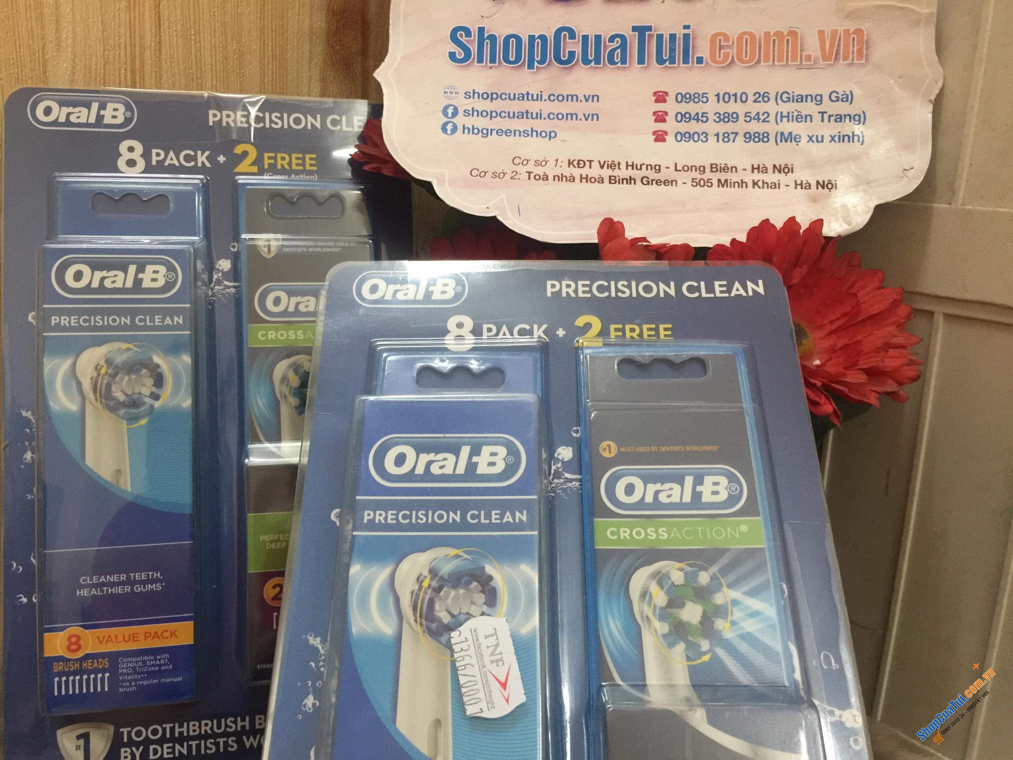 Set 10 đầu bàn chải sơ cua Oral B gồm 8 đầu chải Precision Clean được tặng thêm 2 đầu chải Cross Action làm sạch sâu
