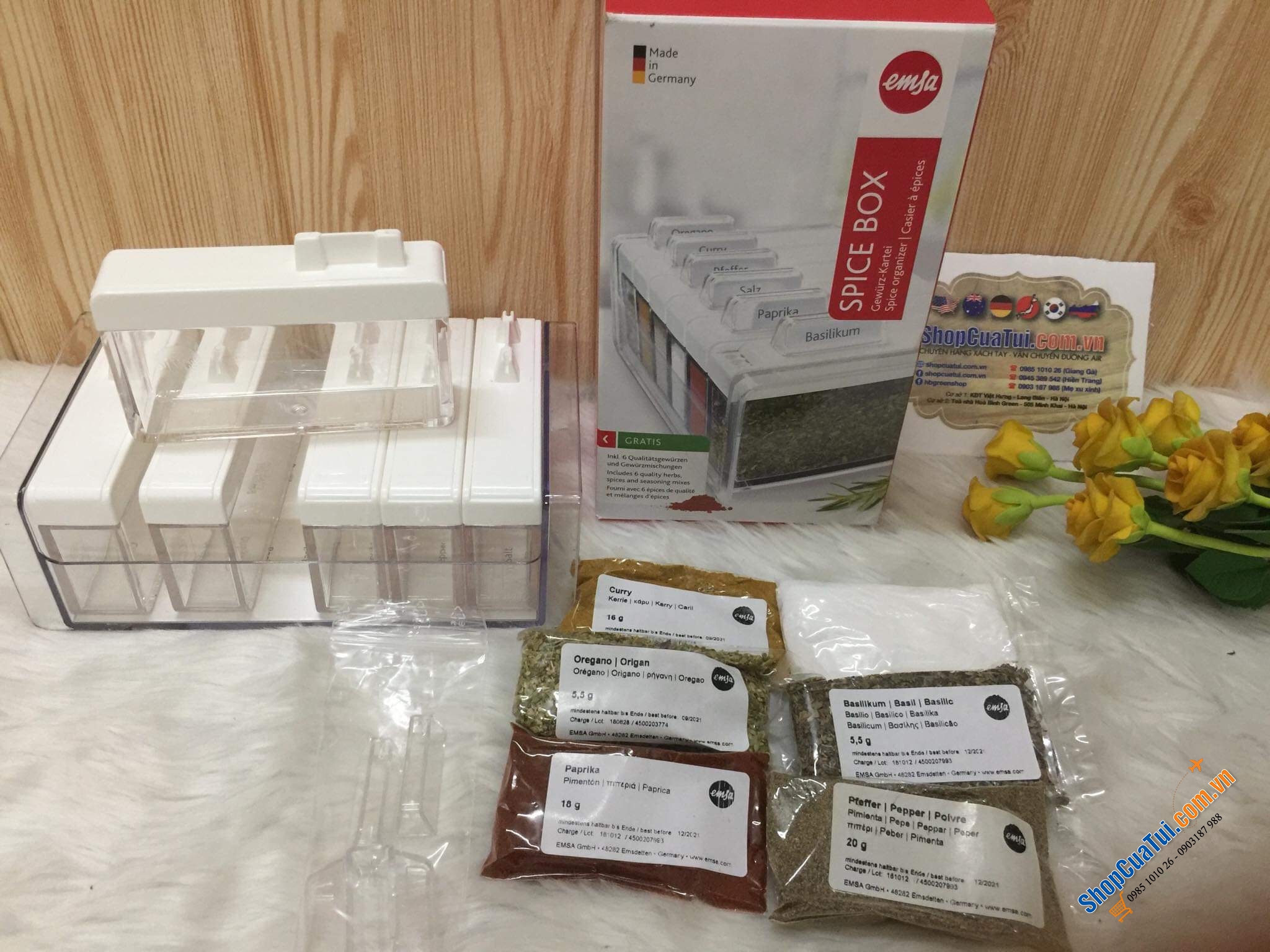SET GIA VỊ EMSA 6 HỘP CHỮ NHẬT TRẮNG + GIA VỊ NƯỚNG THỊT BBQ