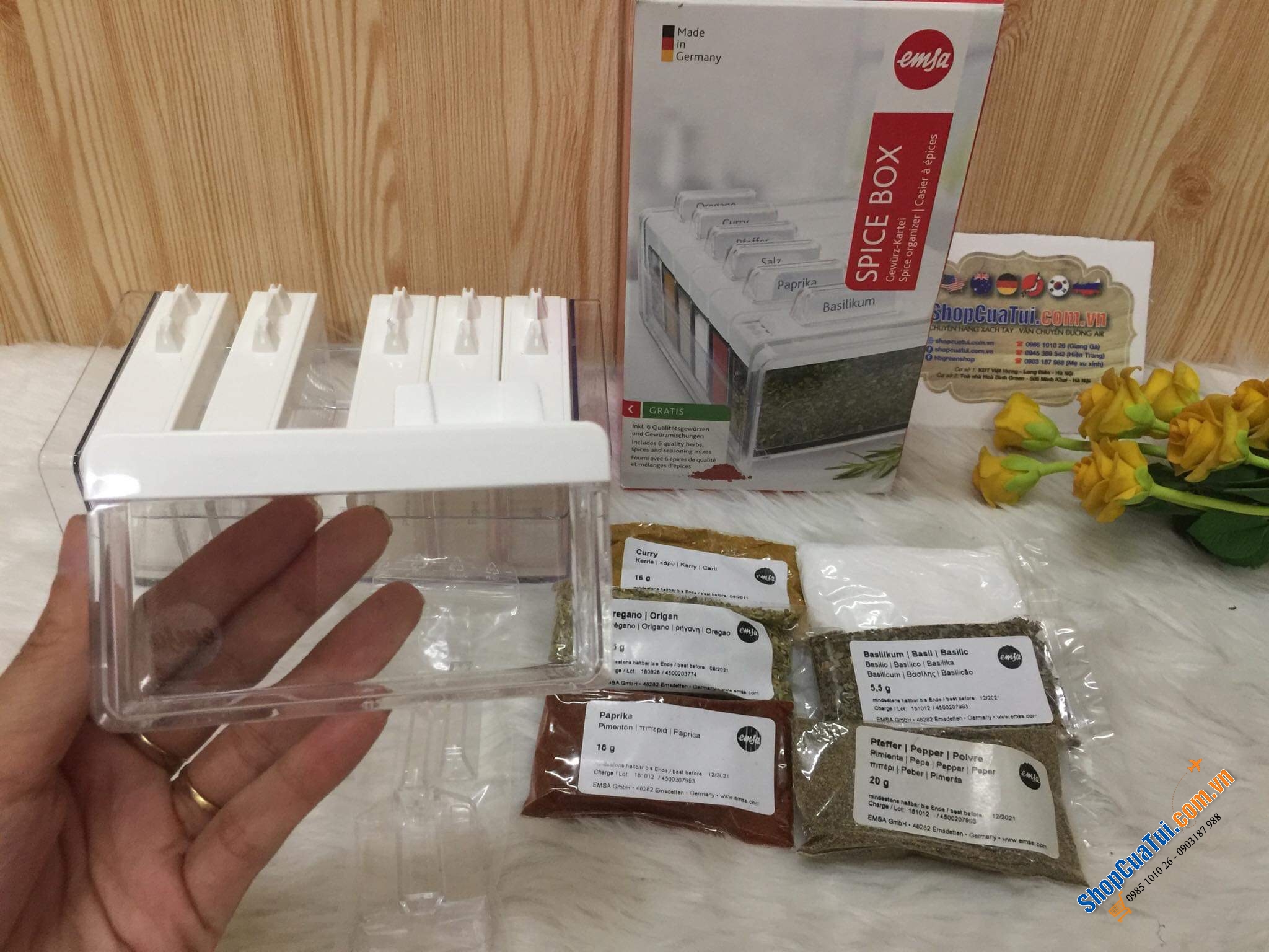 SET GIA VỊ EMSA 6 HỘP CHỮ NHẬT TRẮNG + GIA VỊ NƯỚNG THỊT BBQ