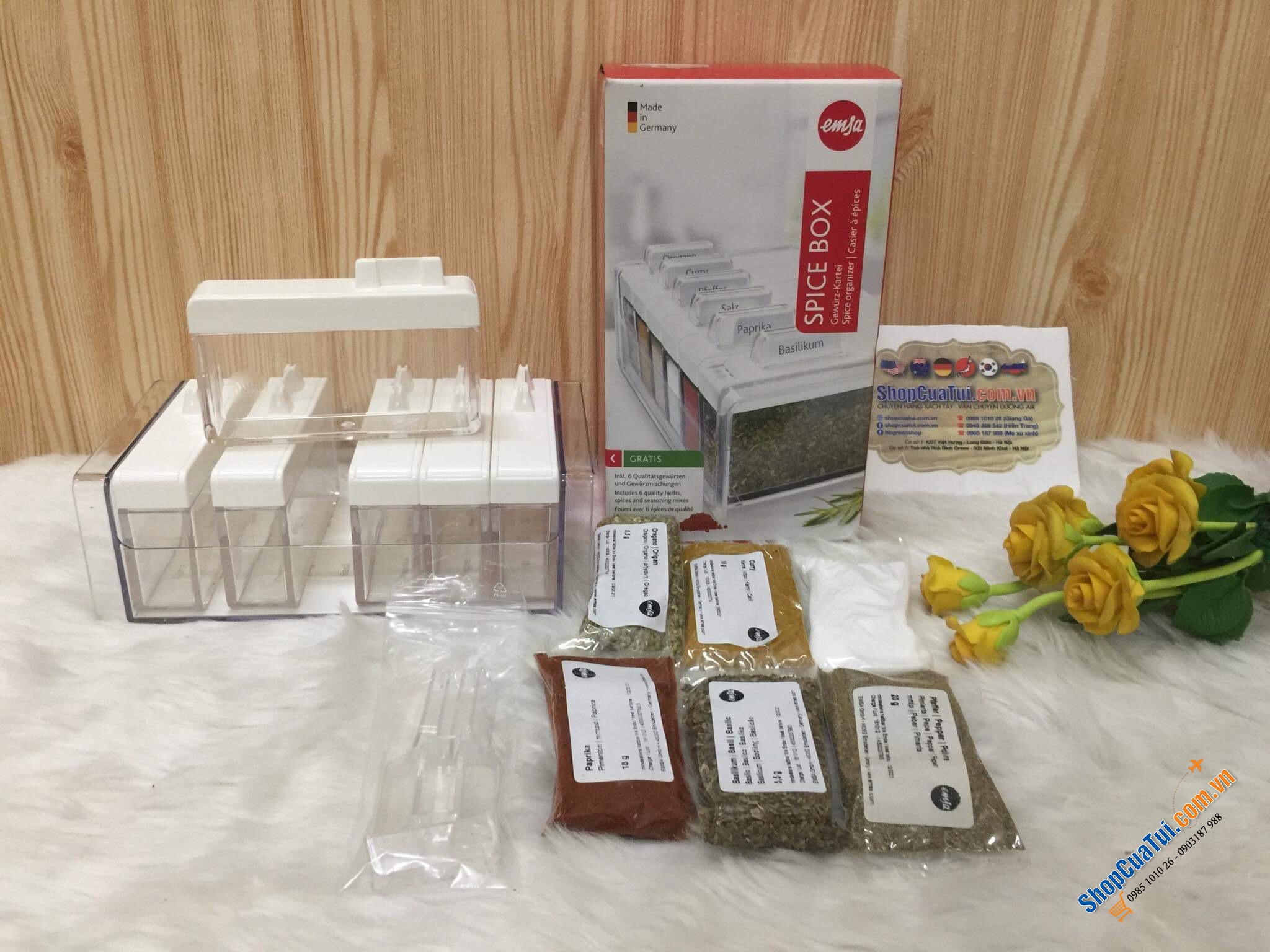 SET GIA VỊ EMSA 6 HỘP CHỮ NHẬT TRẮNG + GIA VỊ NƯỚNG THỊT BBQ
