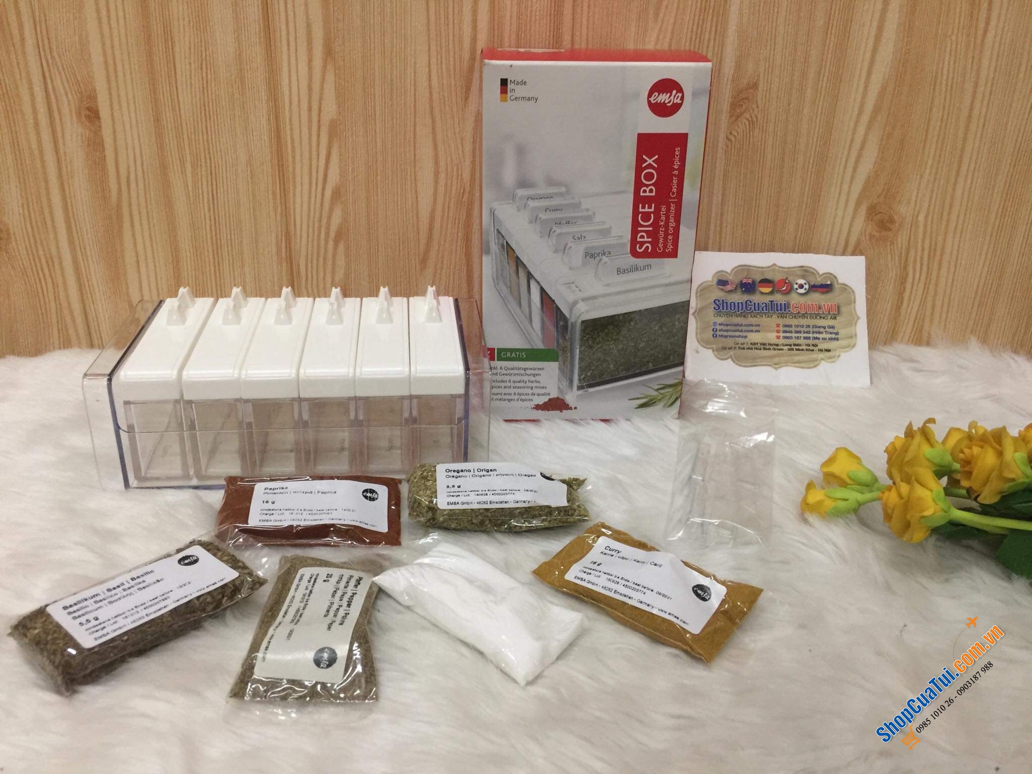 SET GIA VỊ EMSA 6 HỘP CHỮ NHẬT TRẮNG + GIA VỊ NƯỚNG THỊT BBQ