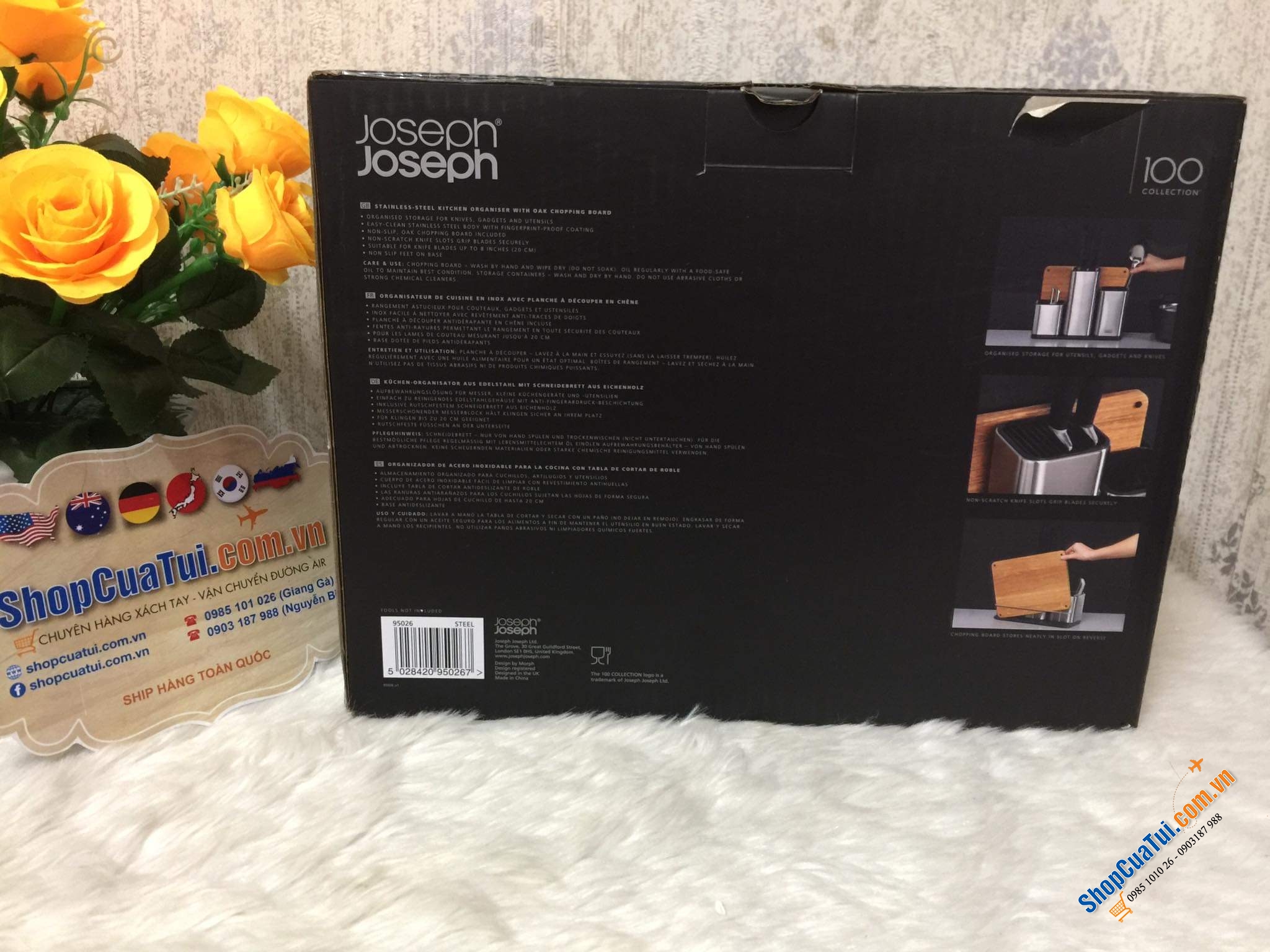 Set khay đựng dao muôi thìa Joseph Joseph kèm thớt gỗ sồi xịn xò.