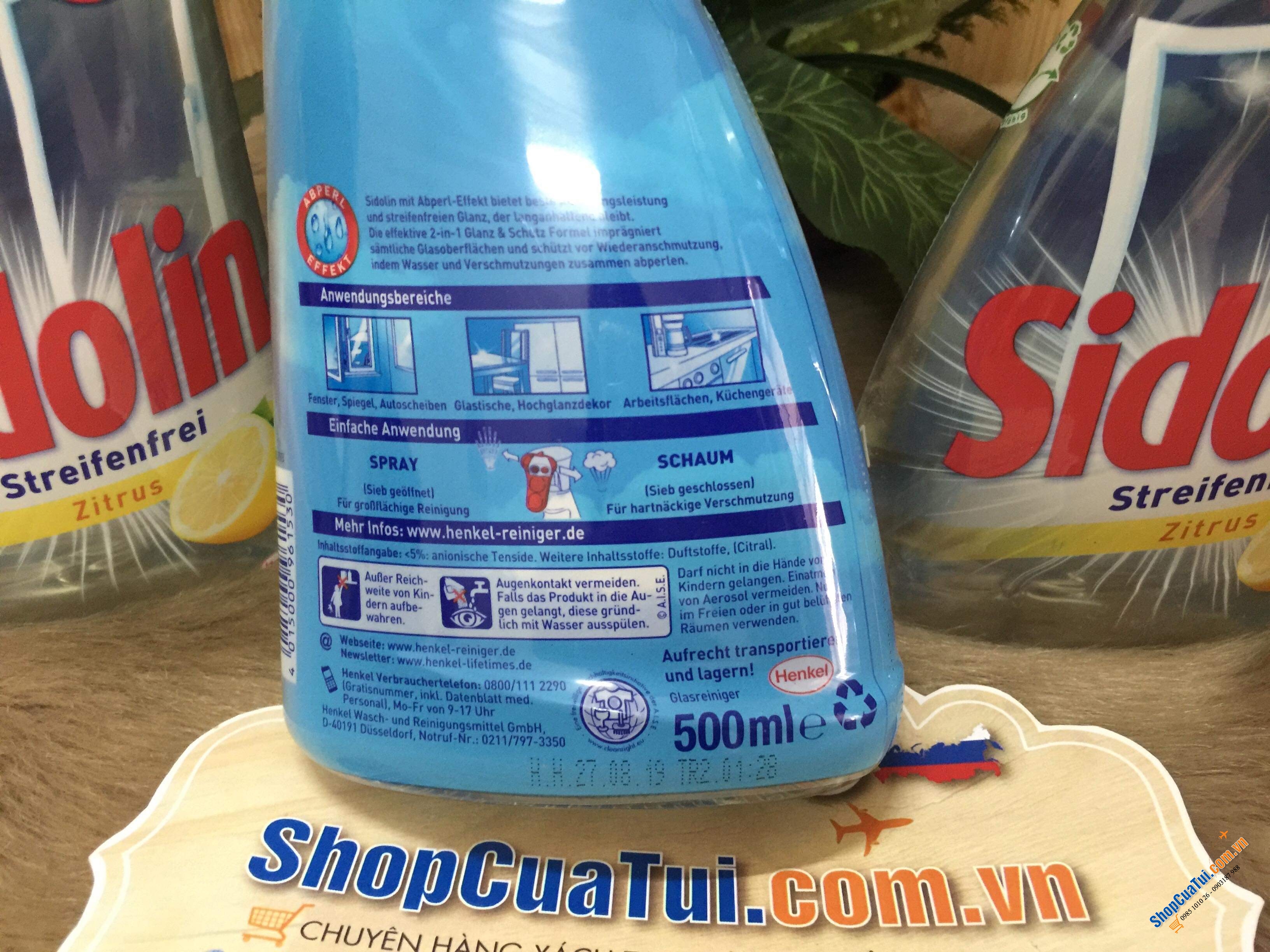 NƯỚC LAU KÍNH 2 IN 1 SIDOLIN LÀM SẠCH VÀ BẢO VỆ HƯƠNG CHANH 500ml