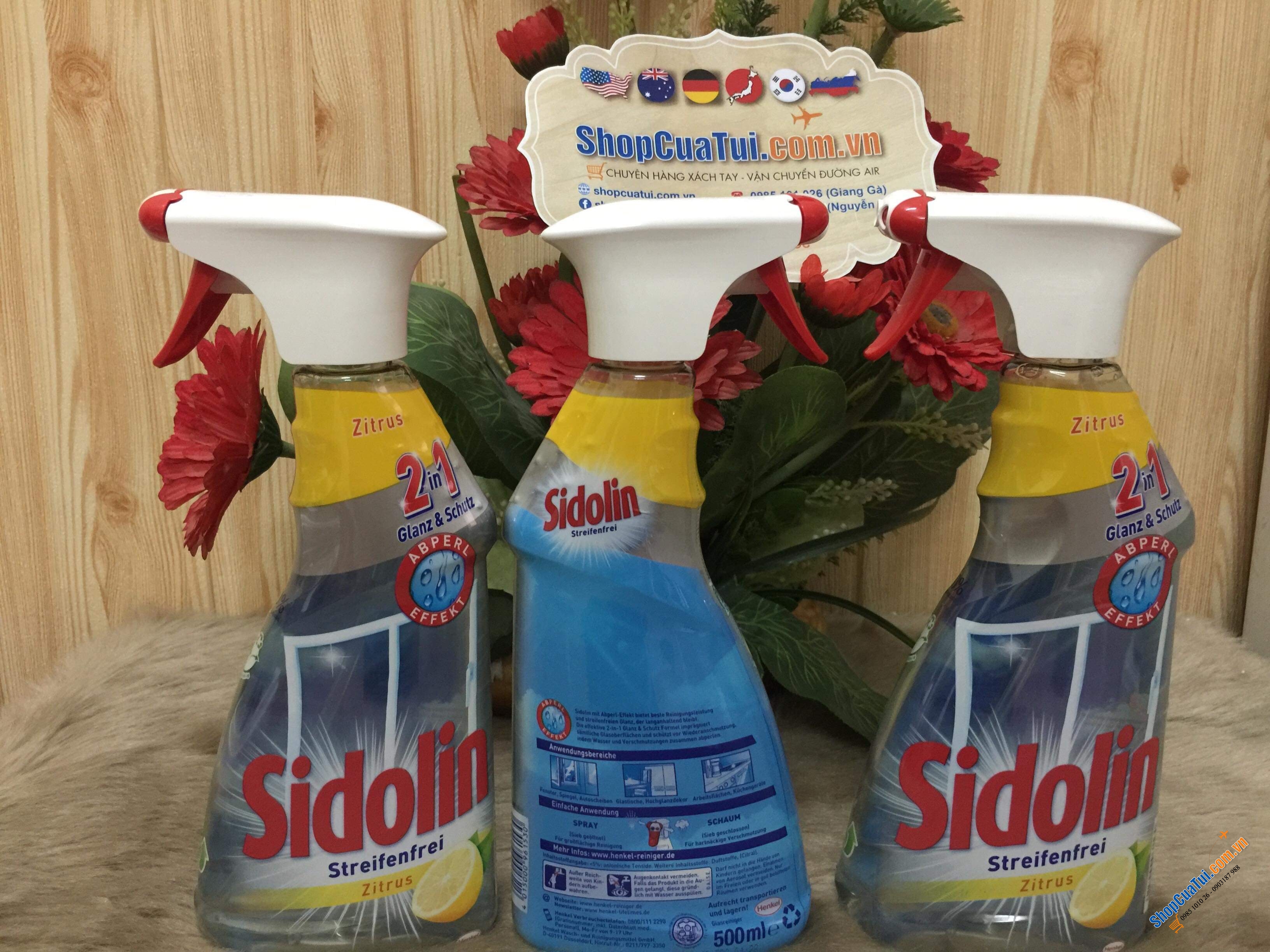 NƯỚC LAU KÍNH 2 IN 1 SIDOLIN LÀM SẠCH VÀ BẢO VỆ HƯƠNG CHANH 500ml