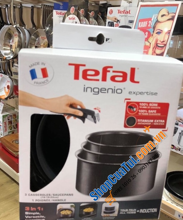 SET 3 NỒI QUÁNH CHỐNG DÍNH TEFAL - CÁN CÓ THỂ THÁO RỜI - MADE IN FRANCE