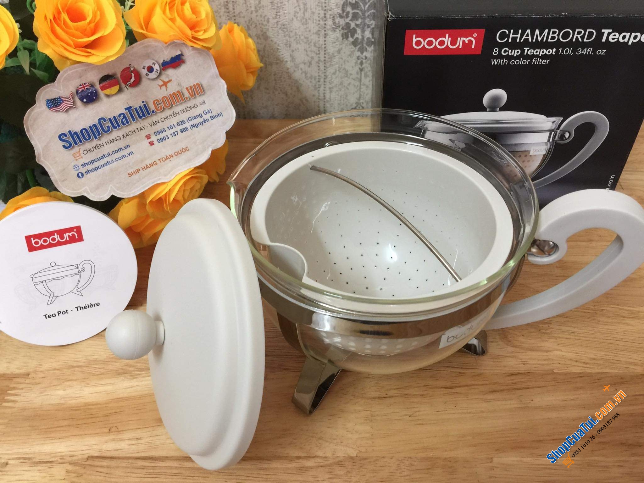 ẤM PHA TRÀ BODUM NẮP KEM TRẮNG MADE IN PORTUGAL ( Bồ Đào Nha)