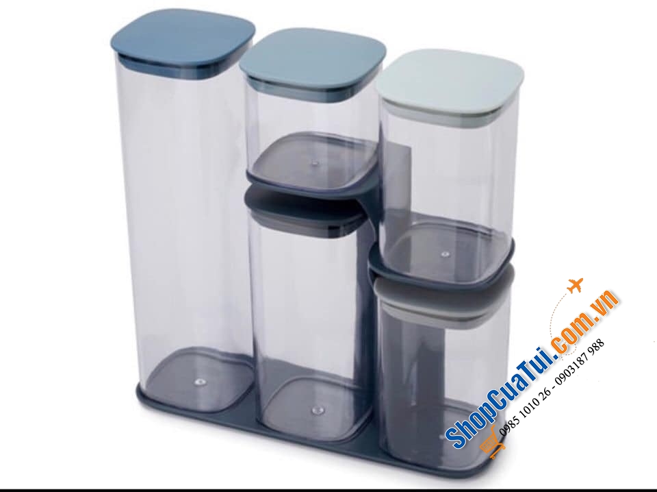 Bộ 5 Hộp nhựa Joseph Joseph Podium 81106 C32.2 x R31.2 x S10.4cm 0.5-1.9L Màu Xanh Editions Sky - Hũ đựng, Set 5 hộp PODIUM đựng đồ khô, gia vị các loại của Joseph Joseph MÀU XANH