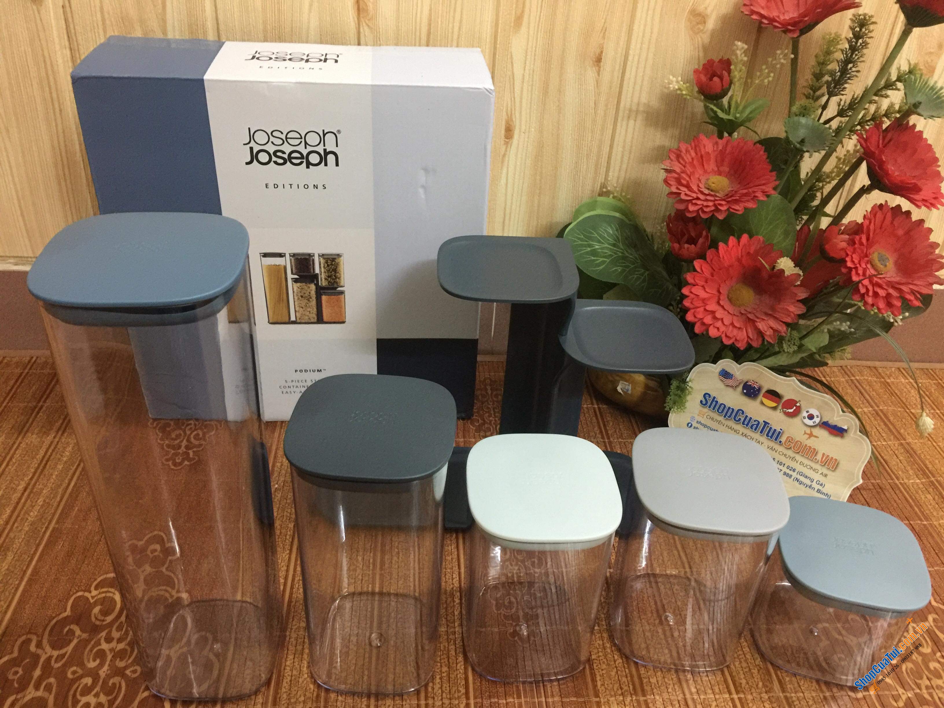 Bộ 5 Hộp nhựa Joseph Joseph Podium 81106 C32.2 x R31.2 x S10.4cm 0.5-1.9L Màu Xanh Editions Sky - Hũ đựng, Set 5 hộp PODIUM đựng đồ khô, gia vị các loại của Joseph Joseph MÀU XANH
