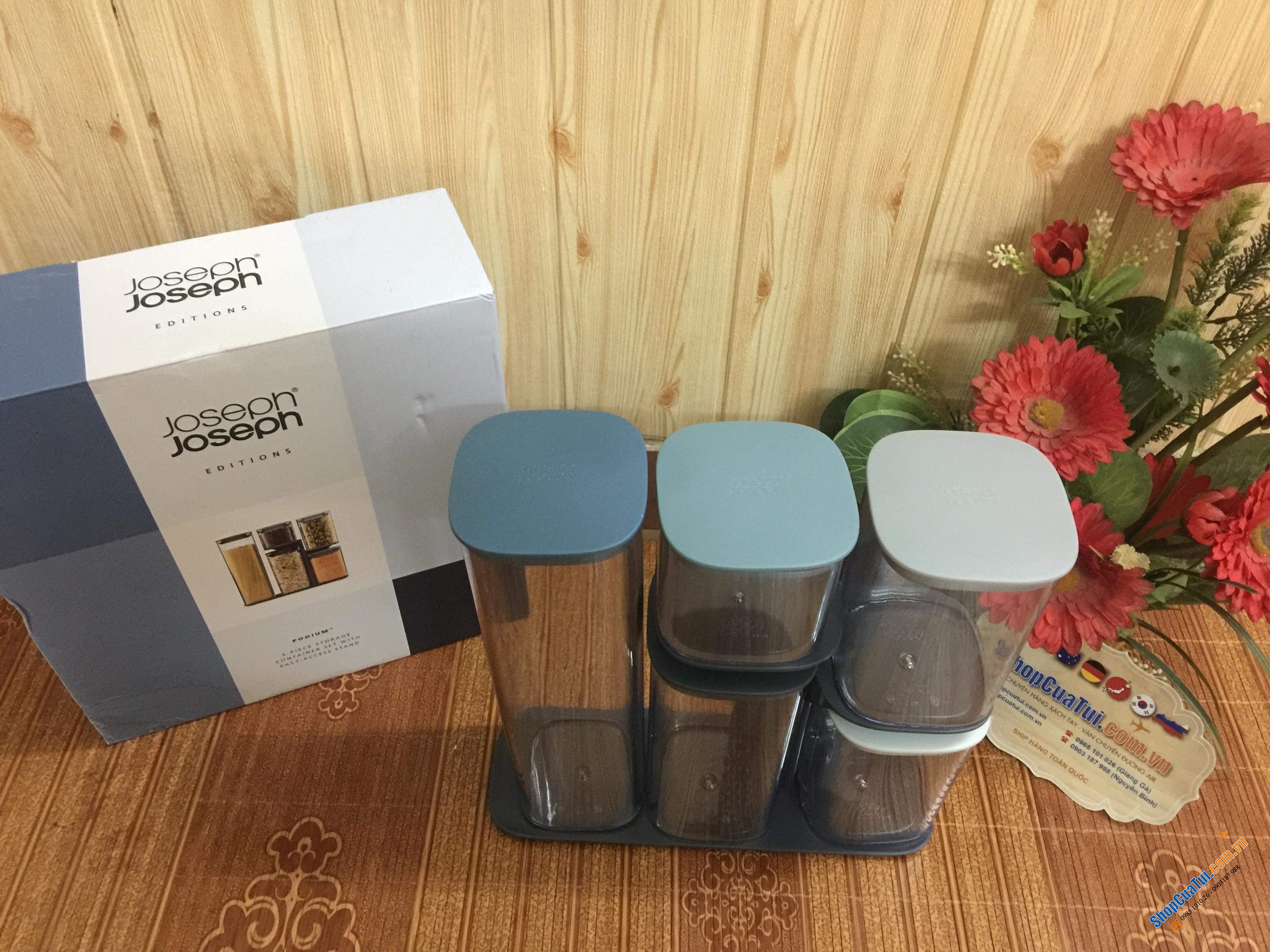 Bộ 5 Hộp nhựa Joseph Joseph Podium 81106 C32.2 x R31.2 x S10.4cm 0.5-1.9L Màu Xanh Editions Sky - Hũ đựng, Set 5 hộp PODIUM đựng đồ khô, gia vị các loại của Joseph Joseph MÀU XANH