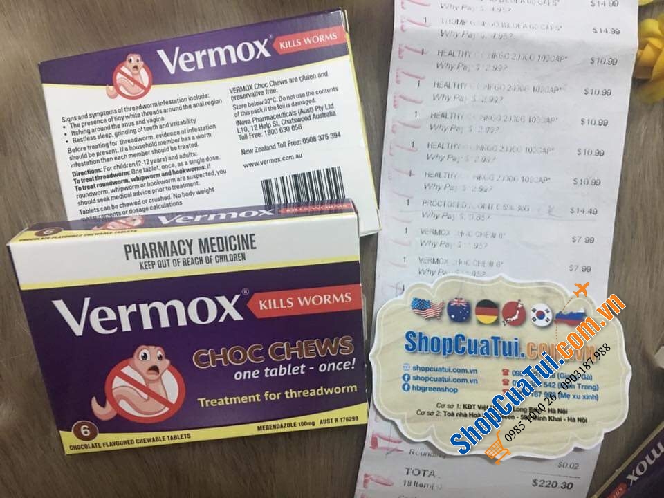 Thuốc tẩy giun sán Vermox Choc Chew vỉ 6 viên nhập từ Úc