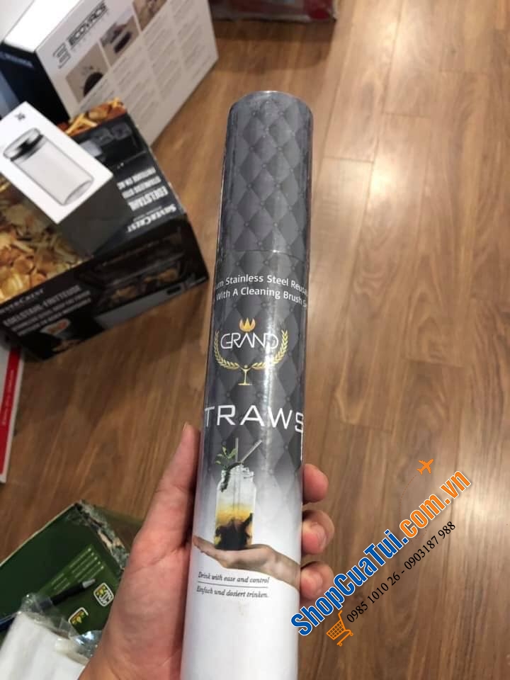 Ống hút inox Grand - gồm 4 ống hút thẳng và 4 ống hút cong kèm 2 chổi bằng Inox