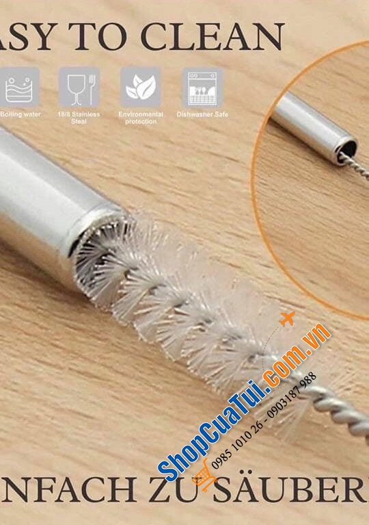Ống hút inox Grand - gồm 4 ống hút thẳng và 4 ống hút cong kèm 2 chổi bằng Inox