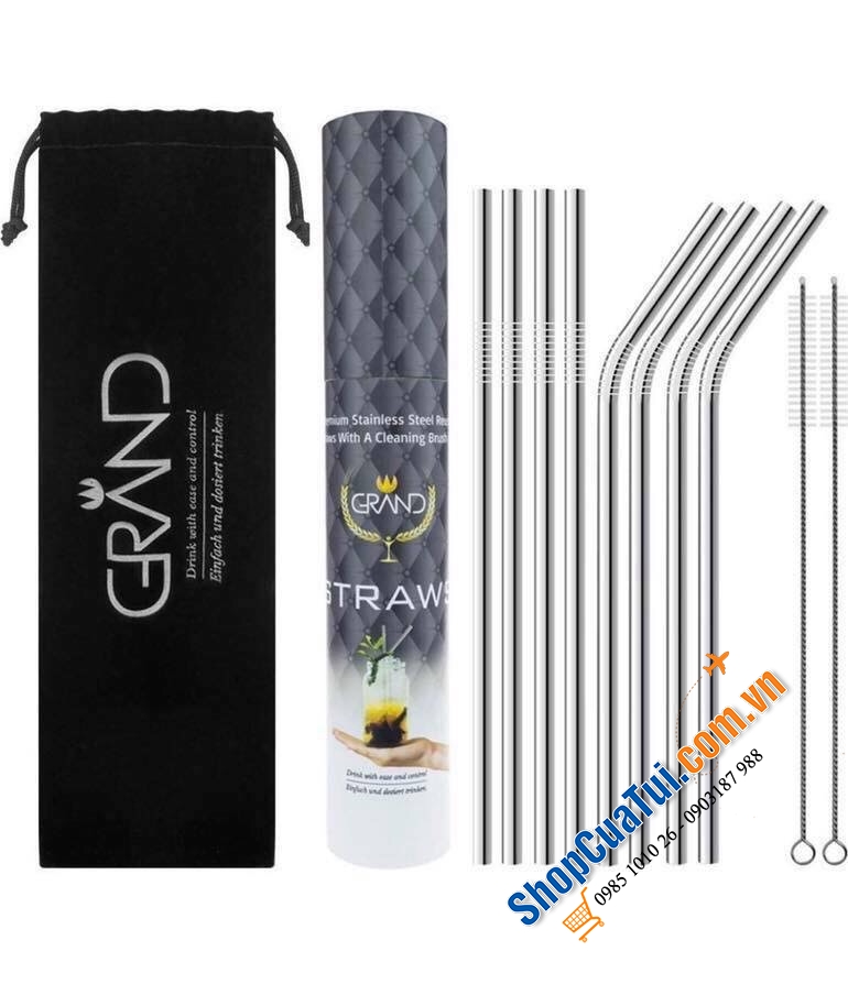 Ống hút inox Grand - gồm 4 ống hút thẳng và 4 ống hút cong kèm 2 chổi bằng Inox