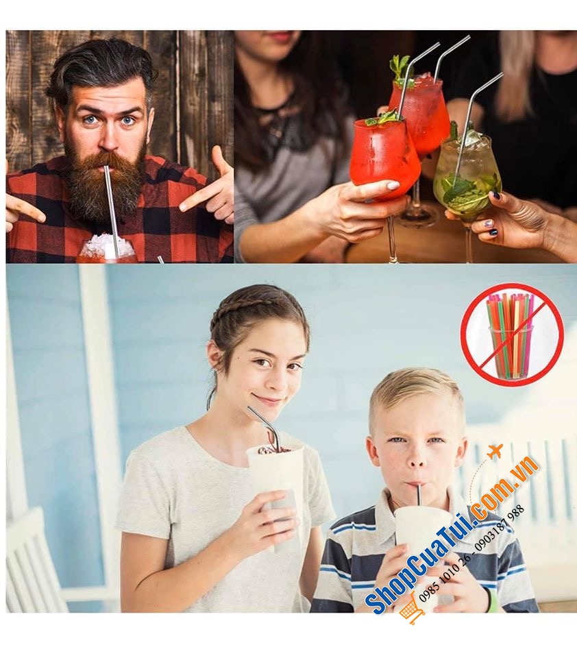 Ống hút inox Grand - gồm 4 ống hút thẳng và 4 ống hút cong kèm 2 chổi bằng Inox