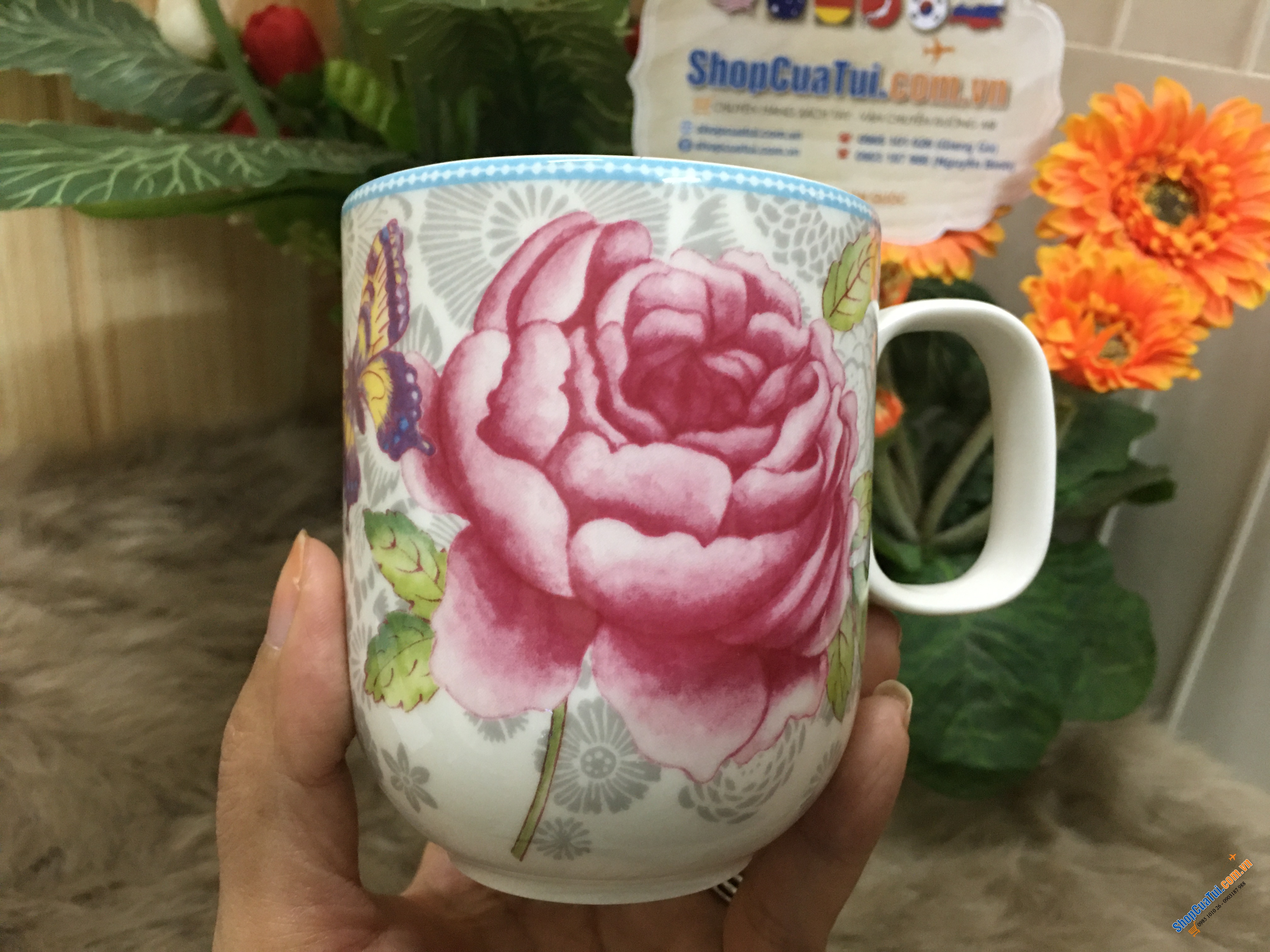 Cốc uống trà, uống nước Villeyroy Bosch họa tiết bông hoa hồng xanh - MADE IN GERMANY
