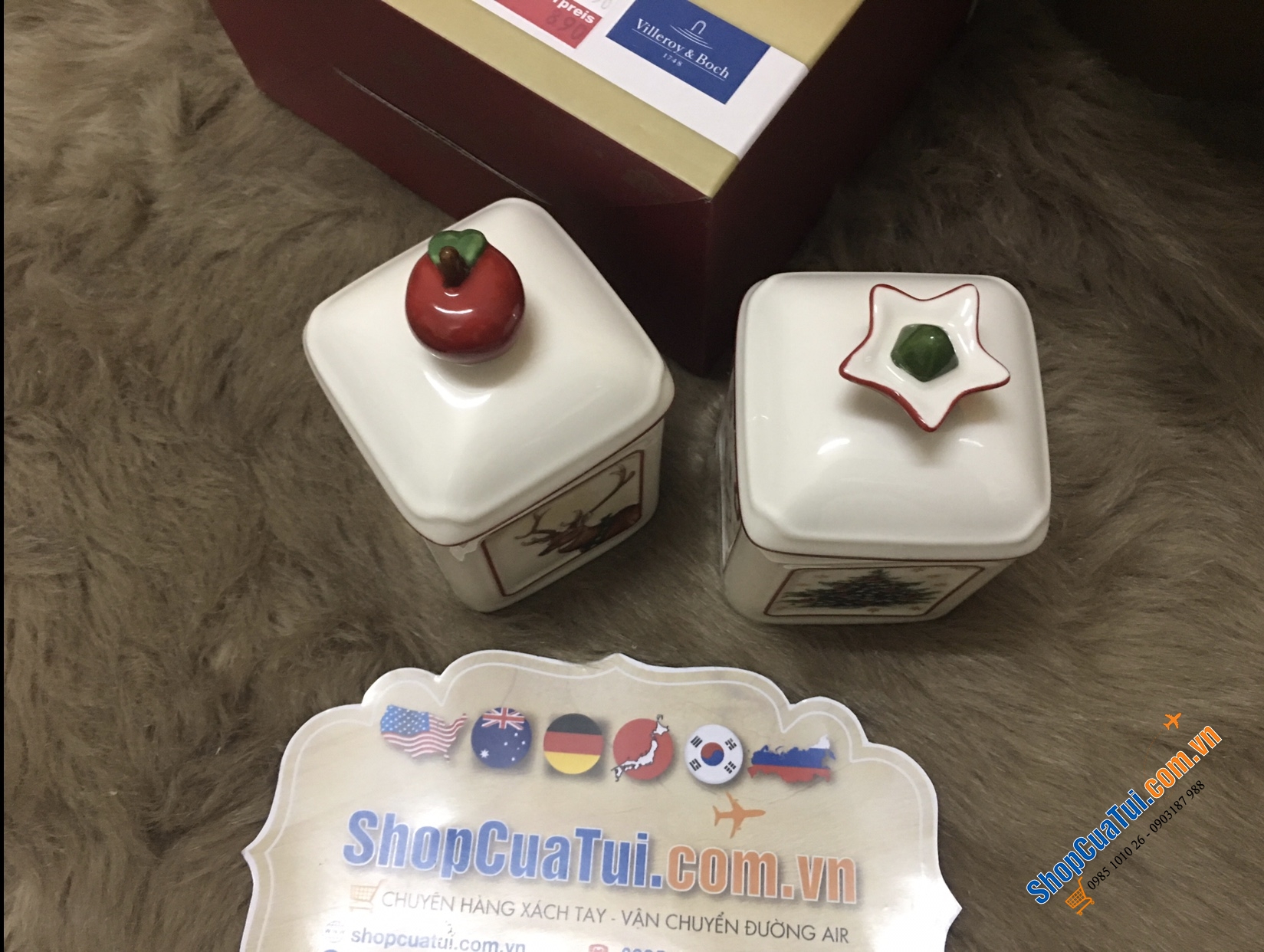 CẶP HŨ ĐỰNG GIA VỊ, HẠT NÊM, ỚT TRƯNG, ĐƯỜNG VILLEROY BOCH HÌNH NOEL - MADE IN GERMANY