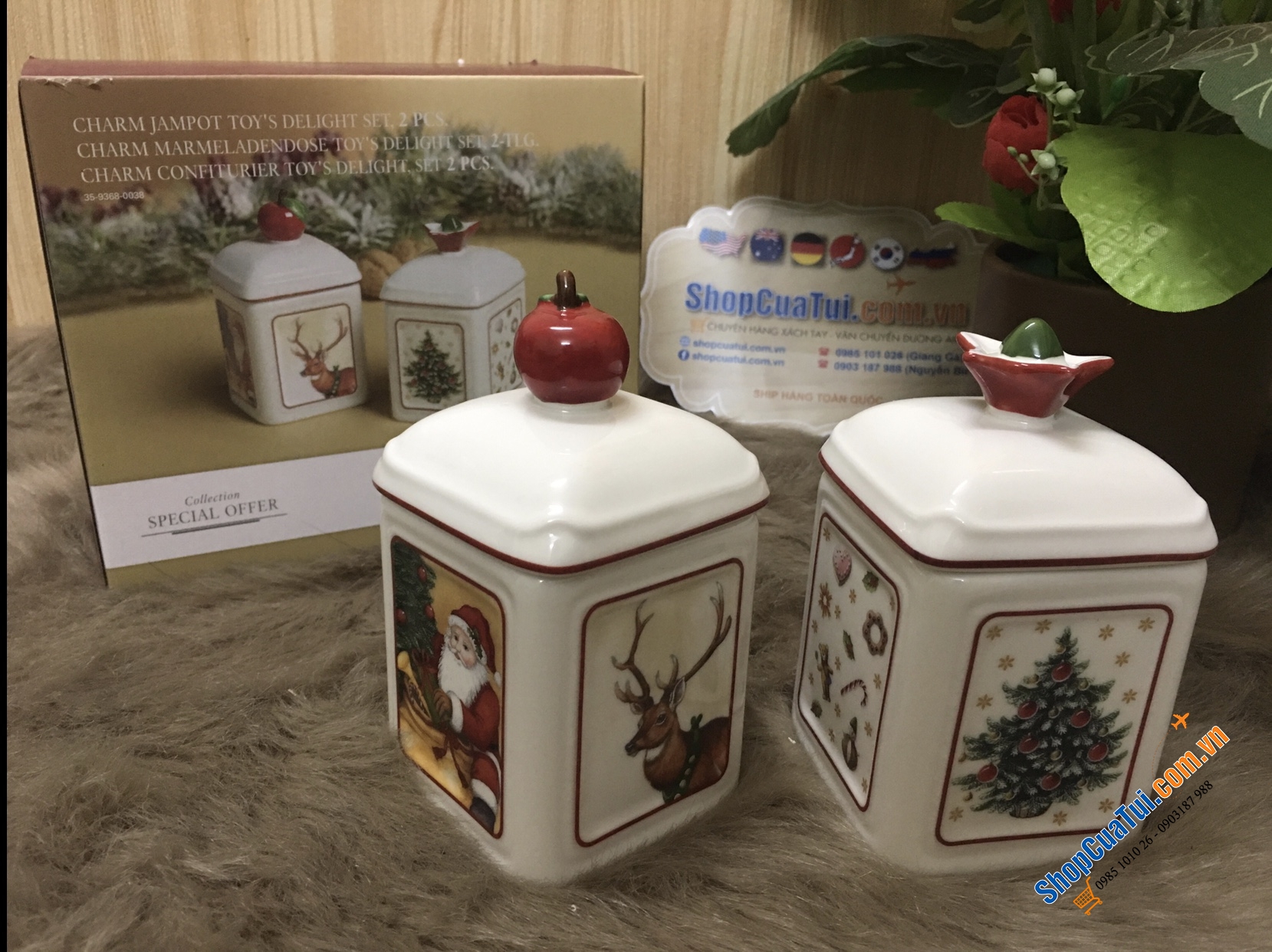 CẶP HŨ ĐỰNG GIA VỊ, HẠT NÊM, ỚT TRƯNG, ĐƯỜNG VILLEROY BOCH HÌNH NOEL - MADE IN GERMANY