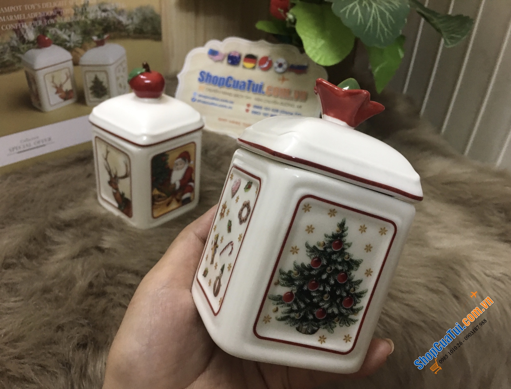CẶP HŨ ĐỰNG GIA VỊ, HẠT NÊM, ỚT TRƯNG, ĐƯỜNG VILLEROY BOCH HÌNH NOEL - MADE IN GERMANY
