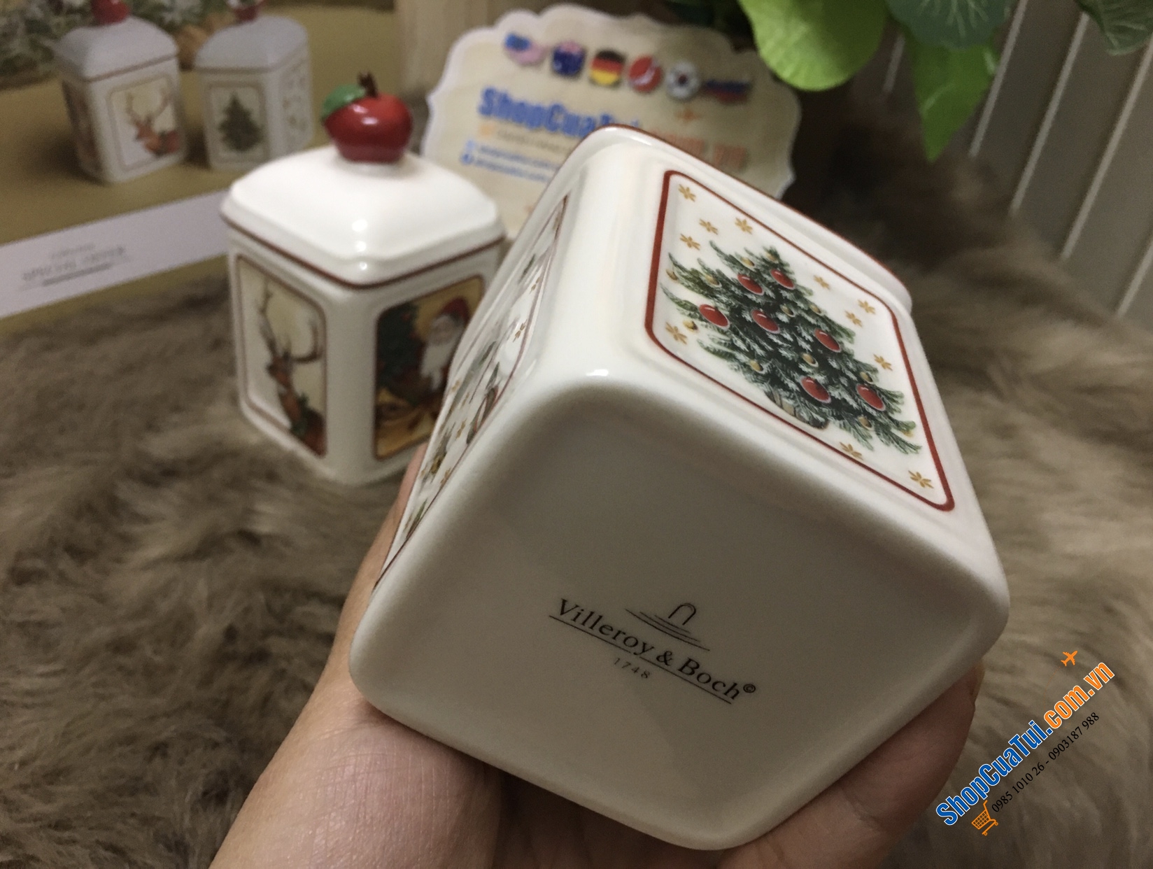 CẶP HŨ ĐỰNG GIA VỊ, HẠT NÊM, ỚT TRƯNG, ĐƯỜNG VILLEROY BOCH HÌNH NOEL - MADE IN GERMANY