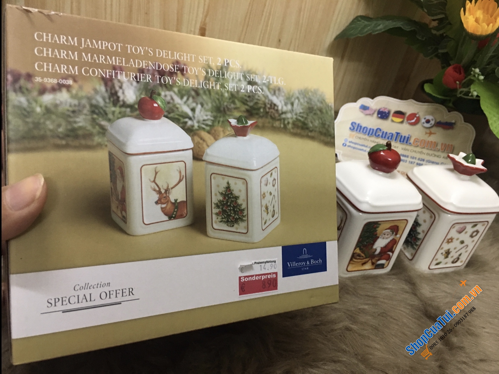 CẶP HŨ ĐỰNG GIA VỊ, HẠT NÊM, ỚT TRƯNG, ĐƯỜNG VILLEROY BOCH HÌNH NOEL - MADE IN GERMANY