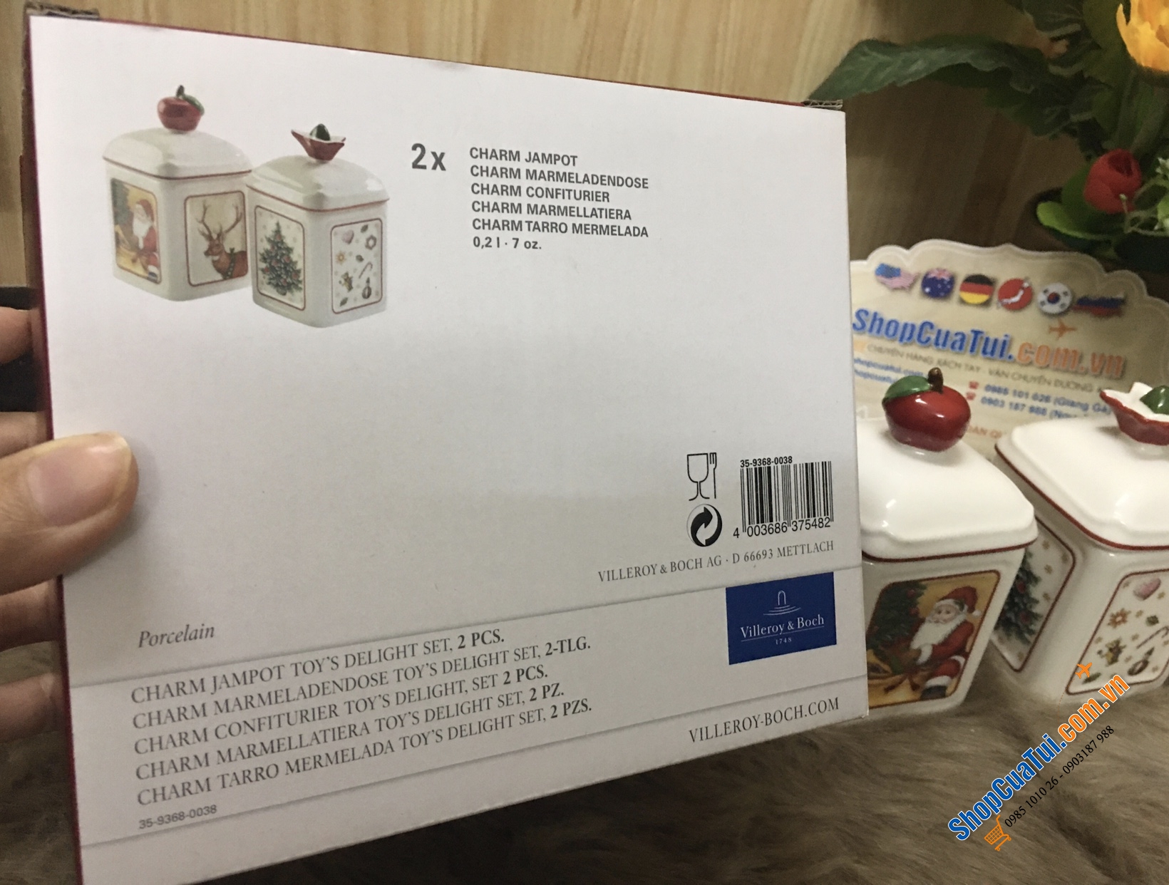 CẶP HŨ ĐỰNG GIA VỊ, HẠT NÊM, ỚT TRƯNG, ĐƯỜNG VILLEROY BOCH HÌNH NOEL - MADE IN GERMANY