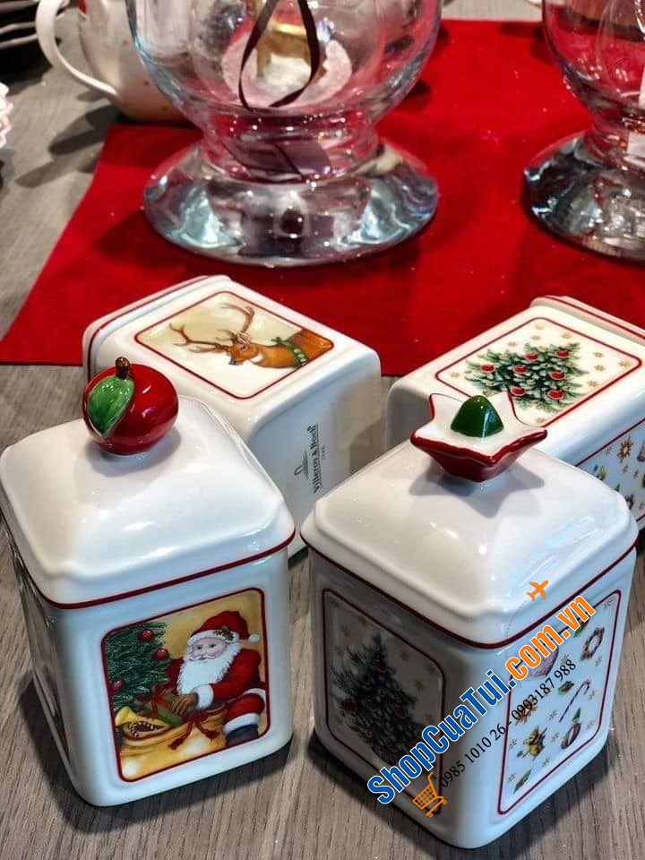 CẶP HŨ ĐỰNG GIA VỊ, HẠT NÊM, ỚT TRƯNG, ĐƯỜNG VILLEROY BOCH HÌNH NOEL - MADE IN GERMANY