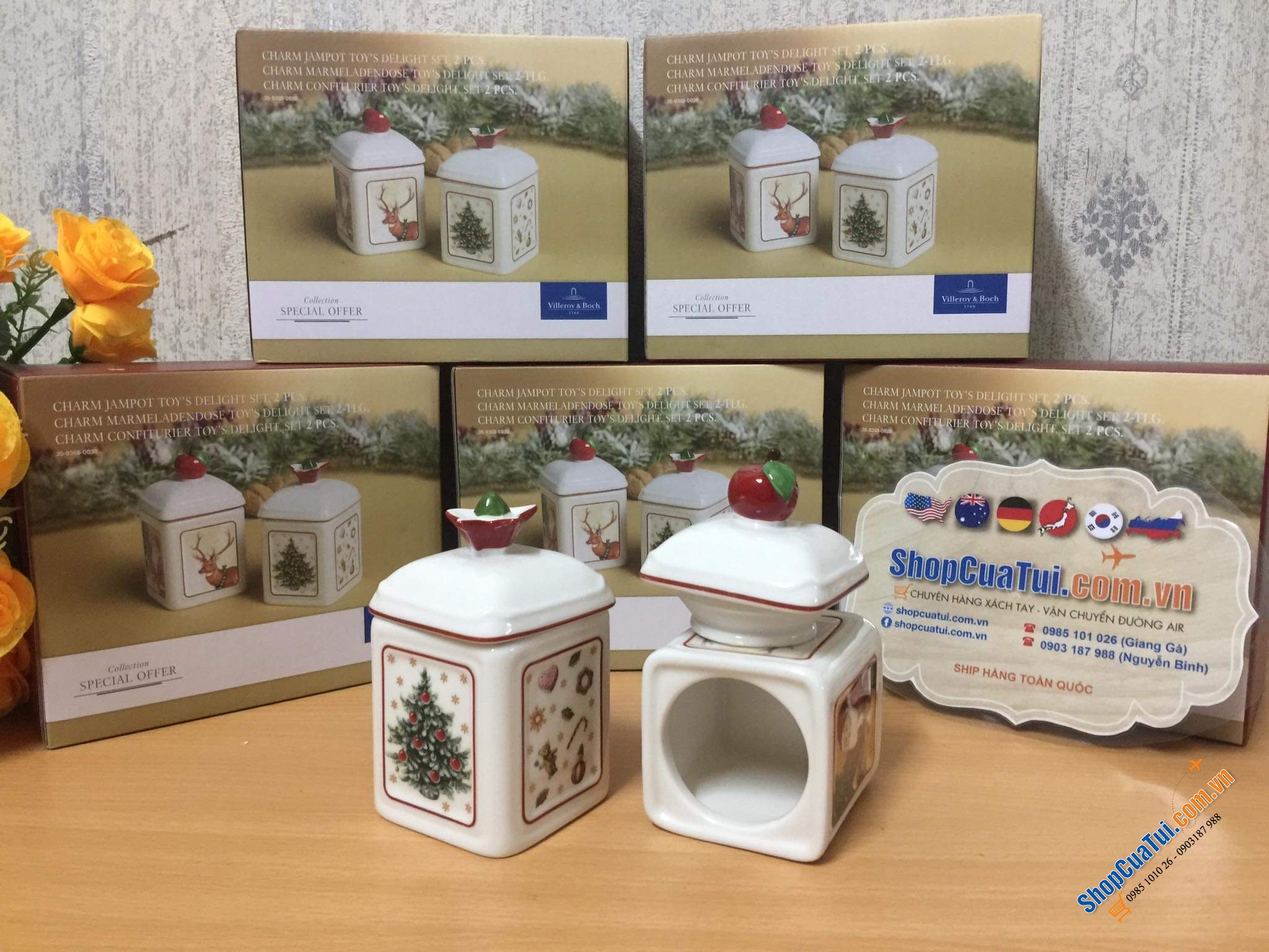 CẶP HŨ ĐỰNG GIA VỊ, HẠT NÊM, ỚT TRƯNG, ĐƯỜNG VILLEROY BOCH HÌNH NOEL - MADE IN GERMANY