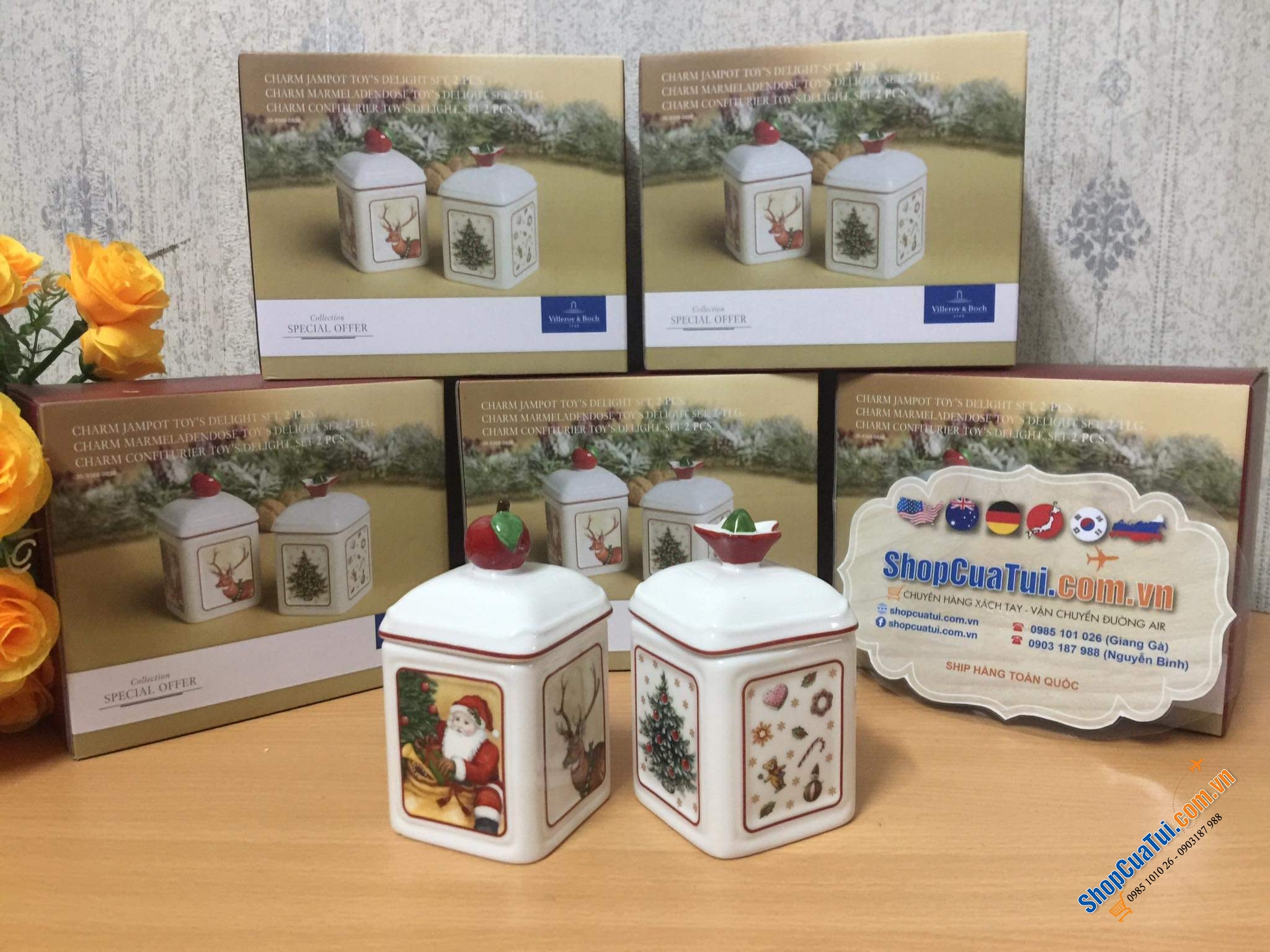 CẶP HŨ ĐỰNG GIA VỊ, HẠT NÊM, ỚT TRƯNG, ĐƯỜNG VILLEROY BOCH HÌNH NOEL - MADE IN GERMANY