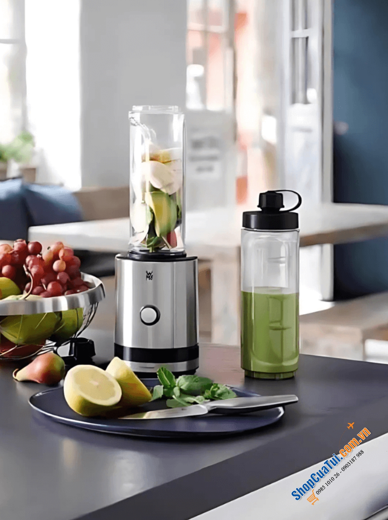 MÁY XAY SINH TỐ WMF KÜCHENminis Smoothie-to-go 2 bình đựng - Máy xay WMF mix and go PHIÊN BẢN MỚI XỊN NHẤT - NÚT BẤM INOX TRÒN (loại cũ nút nhựa) làm sinh tố và xay được nhiều thứ