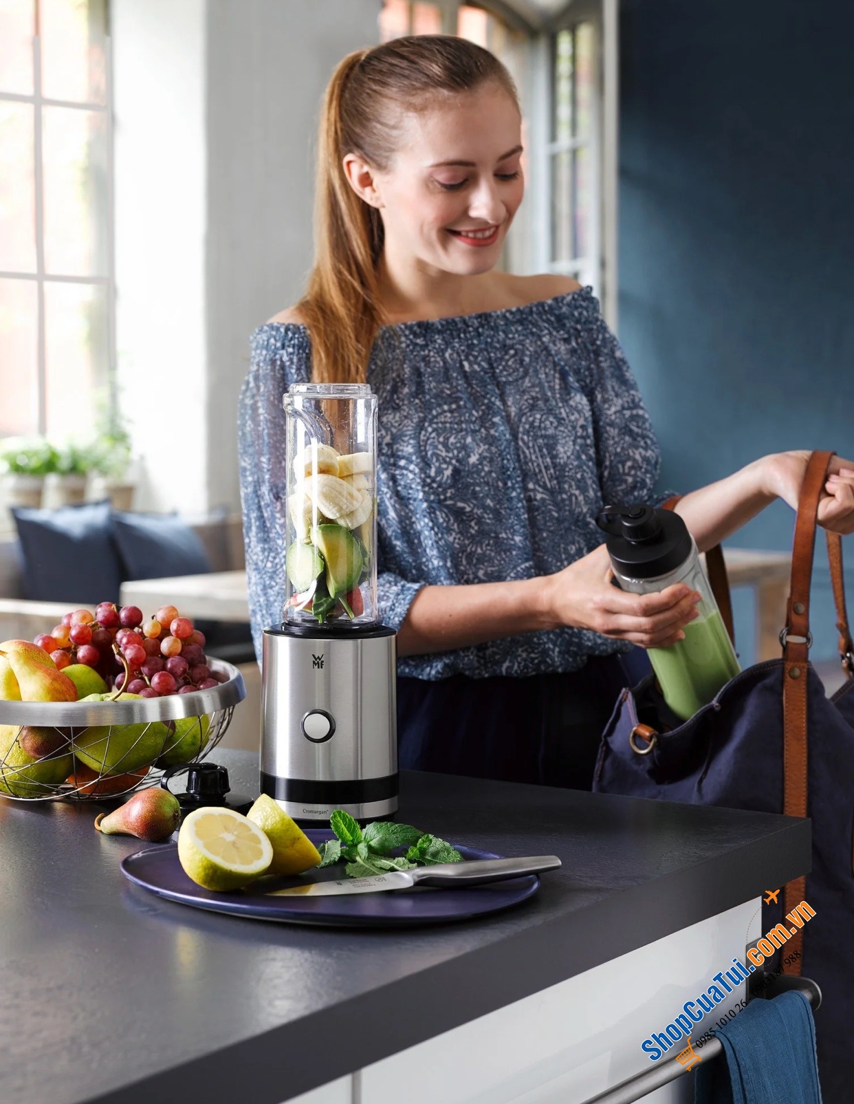 MÁY XAY SINH TỐ WMF KÜCHENminis Smoothie-to-go 2 bình đựng - Máy xay WMF mix and go PHIÊN BẢN MỚI XỊN NHẤT - NÚT BẤM INOX TRÒN (loại cũ nút nhựa) làm sinh tố và xay được nhiều thứ