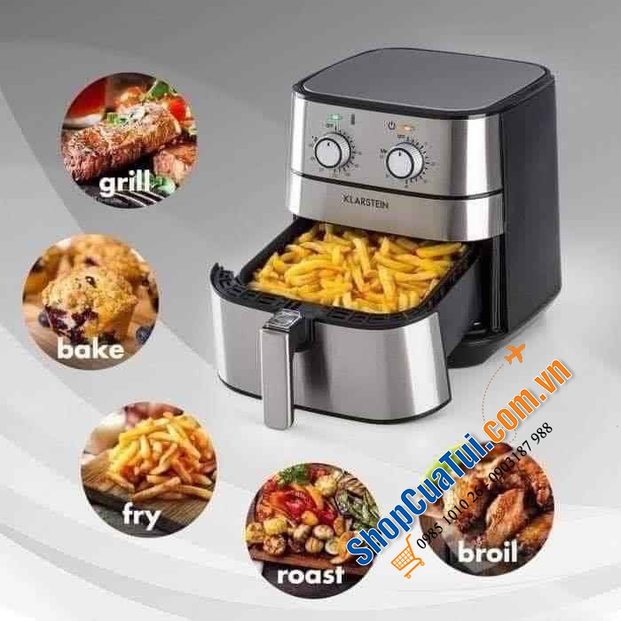 Nồi chiên không dầu Klarstein 5.4l, chiên được gà nguyên con 1-1.5kg thoải mái, bản cơ