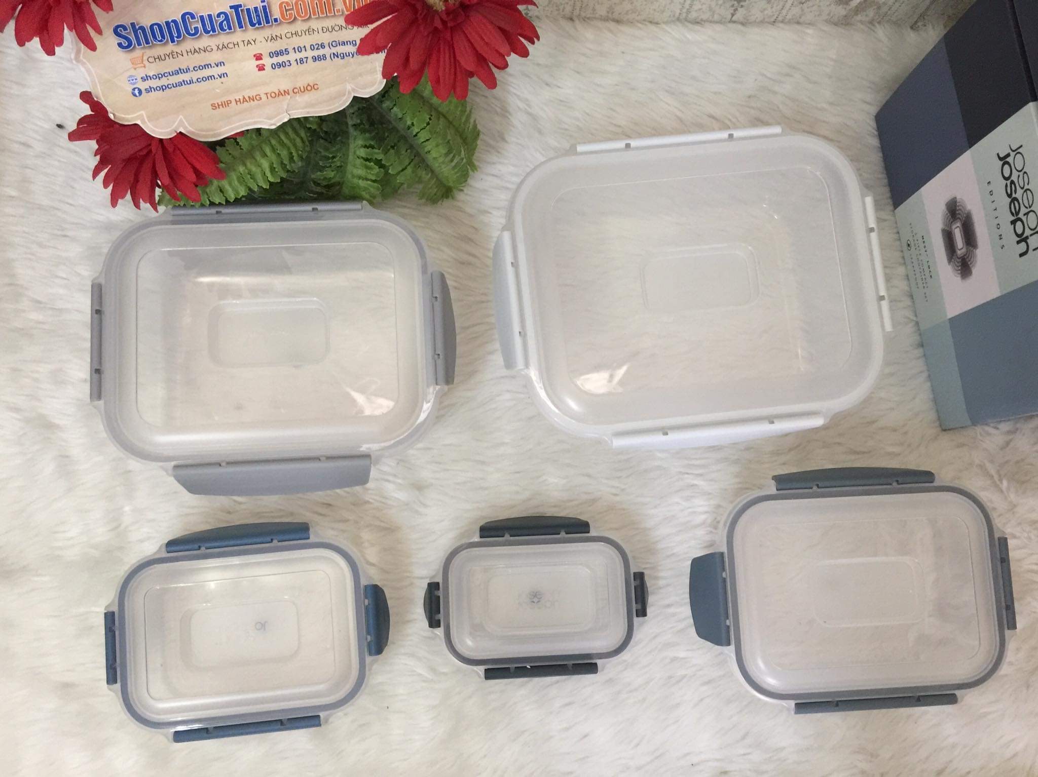 Hộp đựng cơm, Set 5 hộp đựng thực phẩm CAO CẤP Joseph Joseph màu ghi