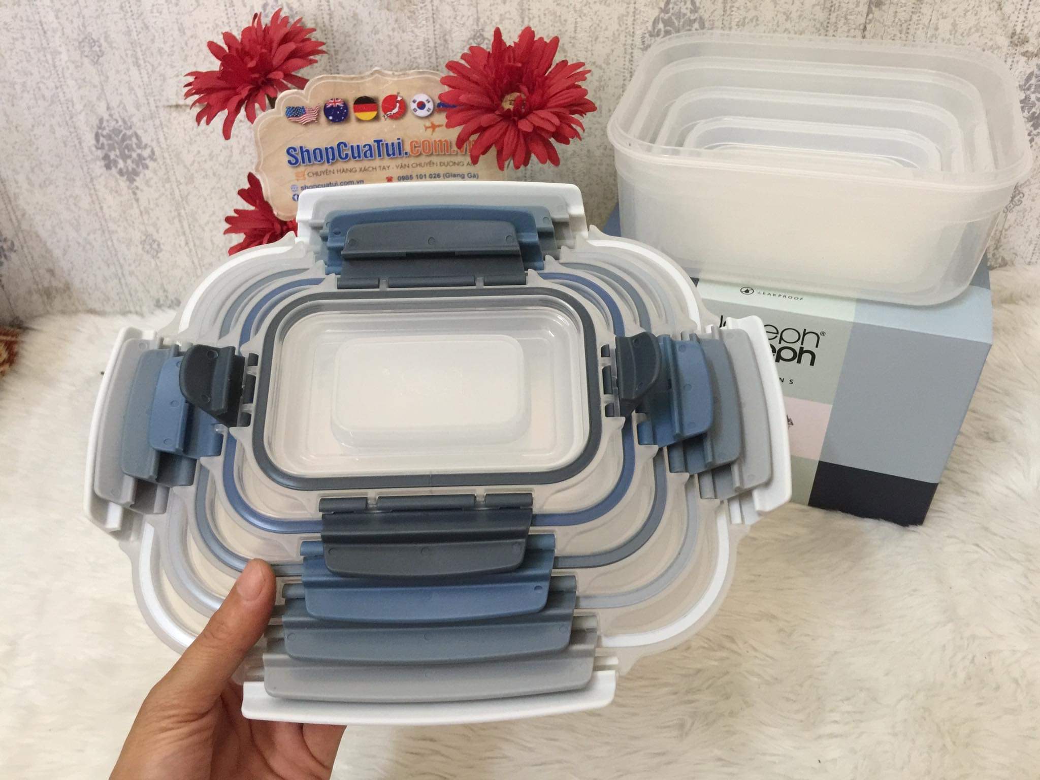 Hộp đựng cơm, Set 5 hộp đựng thực phẩm CAO CẤP Joseph Joseph màu ghi
