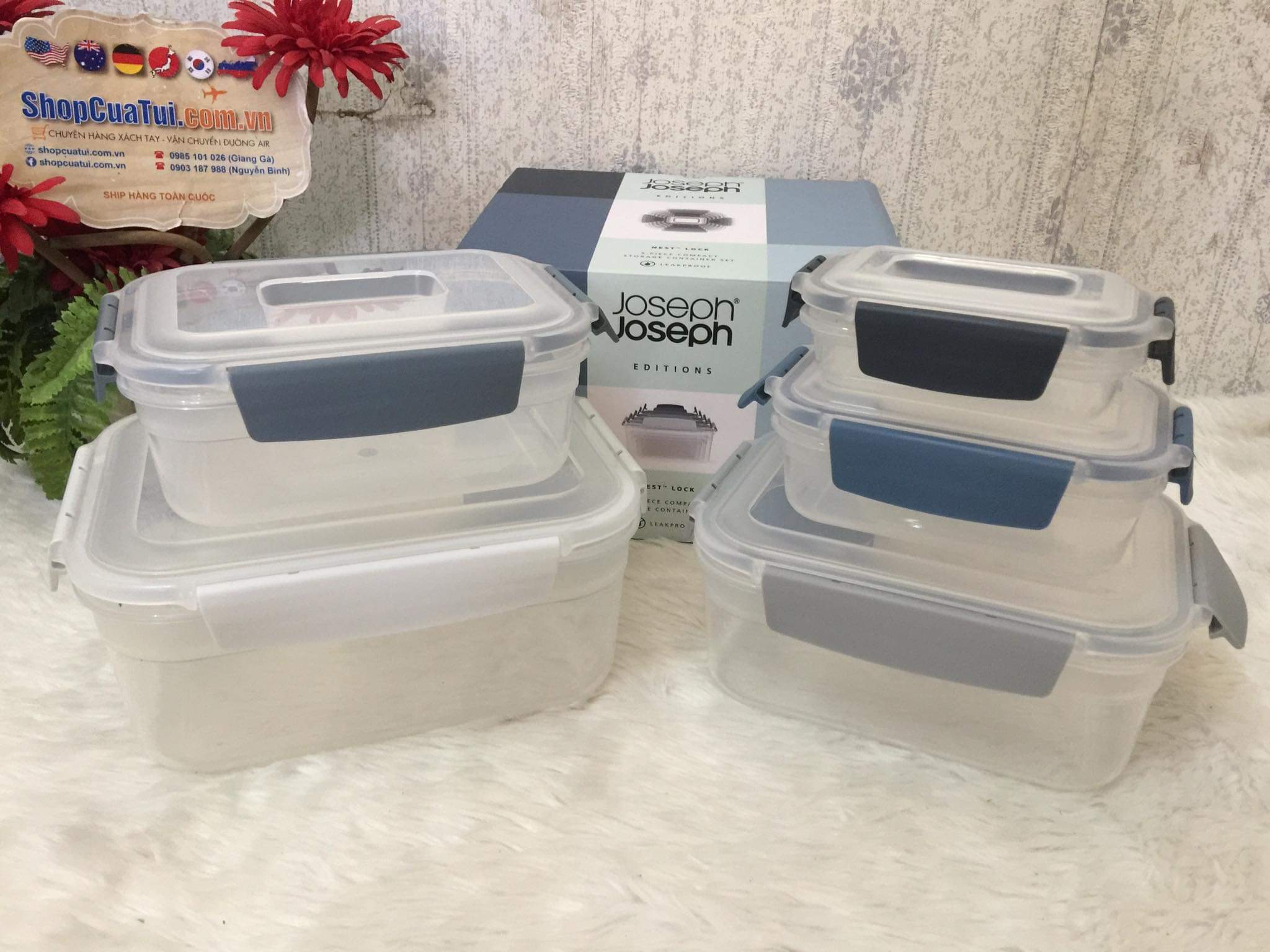 Hộp đựng cơm, Set 5 hộp đựng thực phẩm CAO CẤP Joseph Joseph màu ghi
