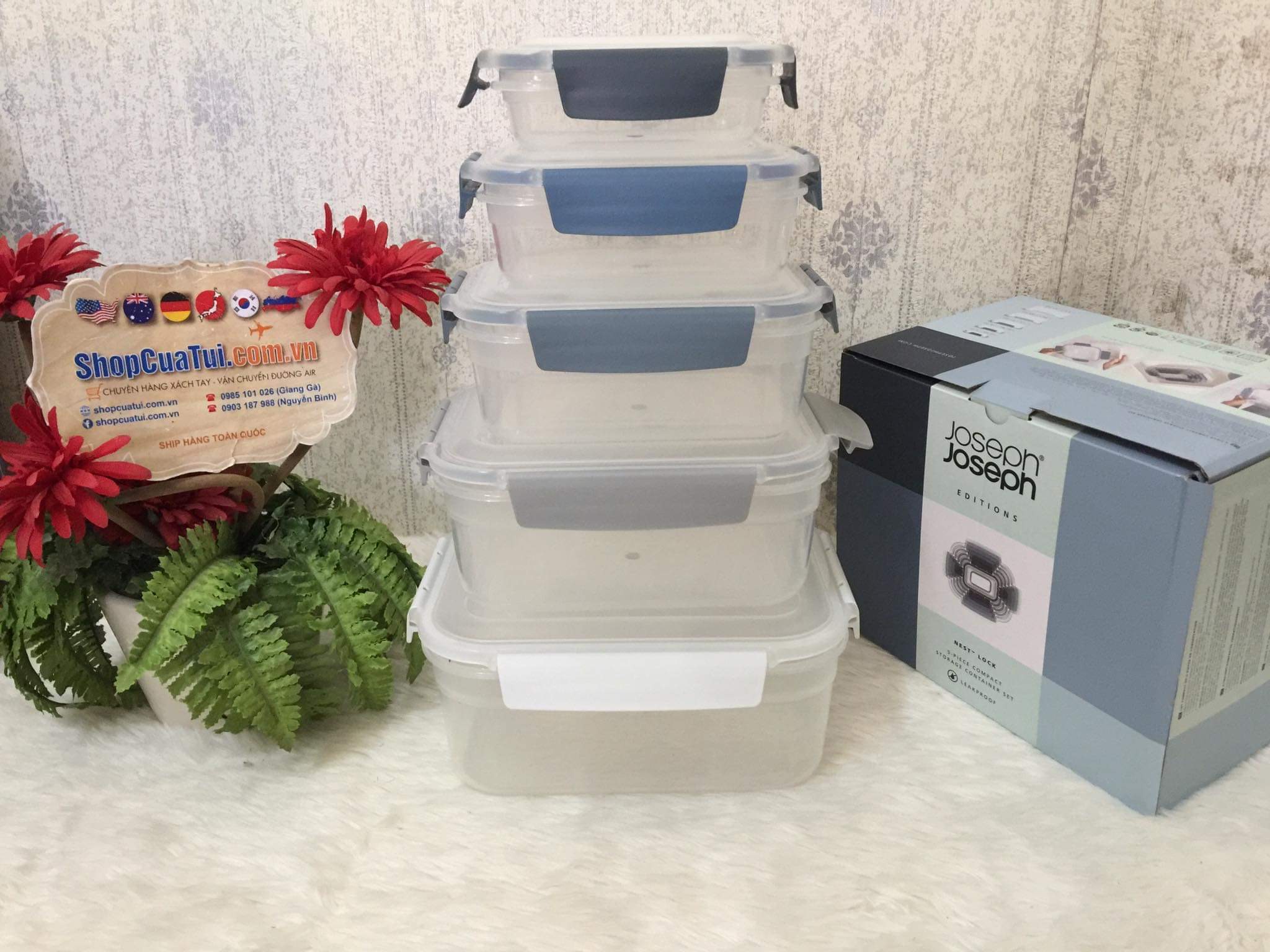 Hộp đựng cơm, Set 5 hộp đựng thực phẩm CAO CẤP Joseph Joseph màu ghi