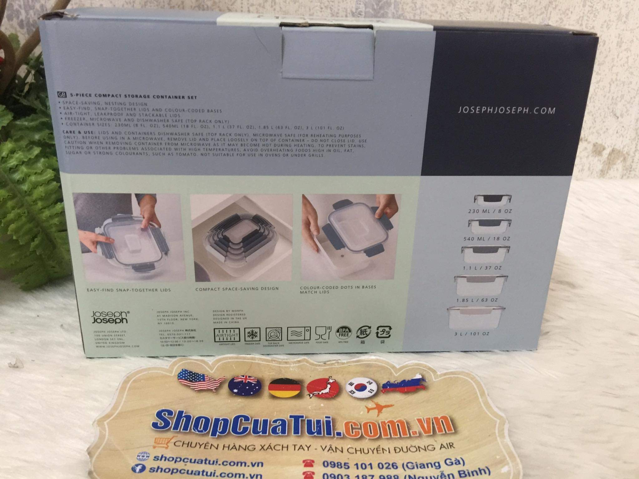 Hộp đựng cơm, Set 5 hộp đựng thực phẩm CAO CẤP Joseph Joseph màu ghi
