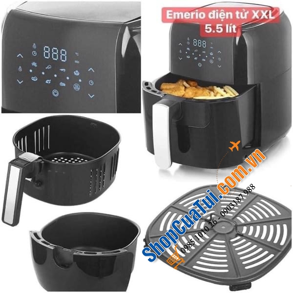 Dung tích rổ chiên lớn 5,5l thoải mái chế biến các món ăn - NỒI CHIÊN KHÔNG DẦU EMERIO AF-123544 - Thế hệ mới màn LED điều chỉnh thông minh.