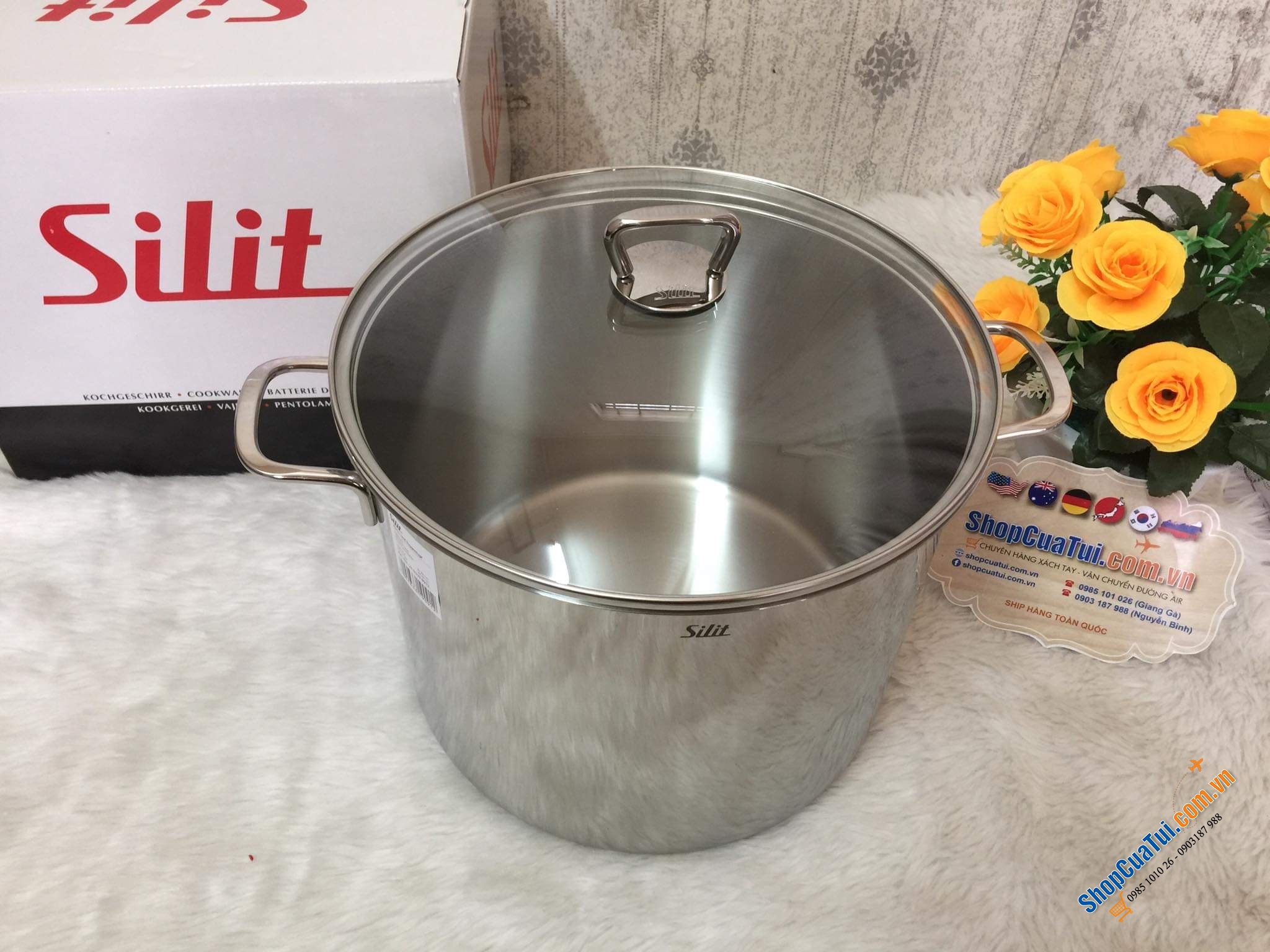 NỒI LUỘC GÀ SILIT DUNG TÍCH 12L    (dày, nặng, cao cấp và vung kính -Điểm 10 chất lượng)