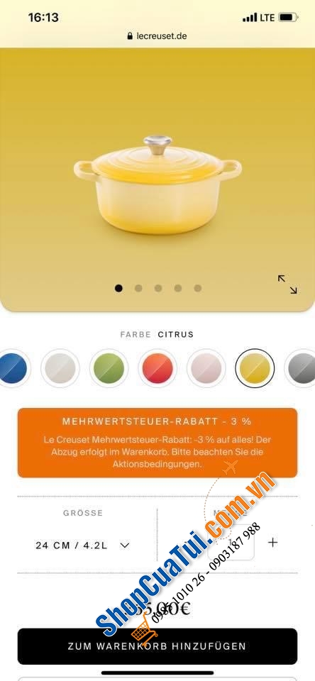 NỒI GANG LECREUSET 24CM MÀU VÀNG CHANH (màu citrus) - DUNG TÍCH 4,2L - MADE IN FRANCE