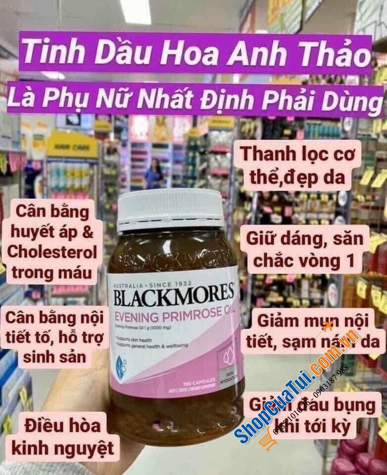 Tinh dầu hoa anh thảo Blackmores Evening Primrose Oil Skin Health Vitamin 190 Capsules - cân bằng nội tiết, đẹp da, tăng cường sức khoẻ hàm lượng anh thảo cao 1000mg