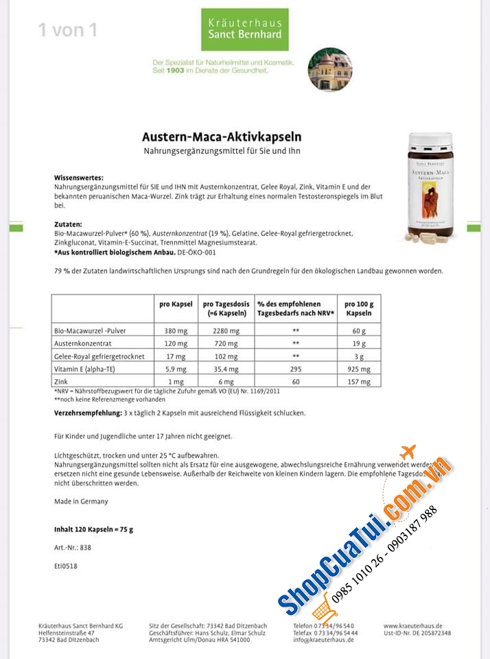 Thuốc Tăng Cường Sinh Lý Austern Maca Aktiv Kapseln, 120 Viên - hãng Sanct Bernhard - MADE IN GERMANY