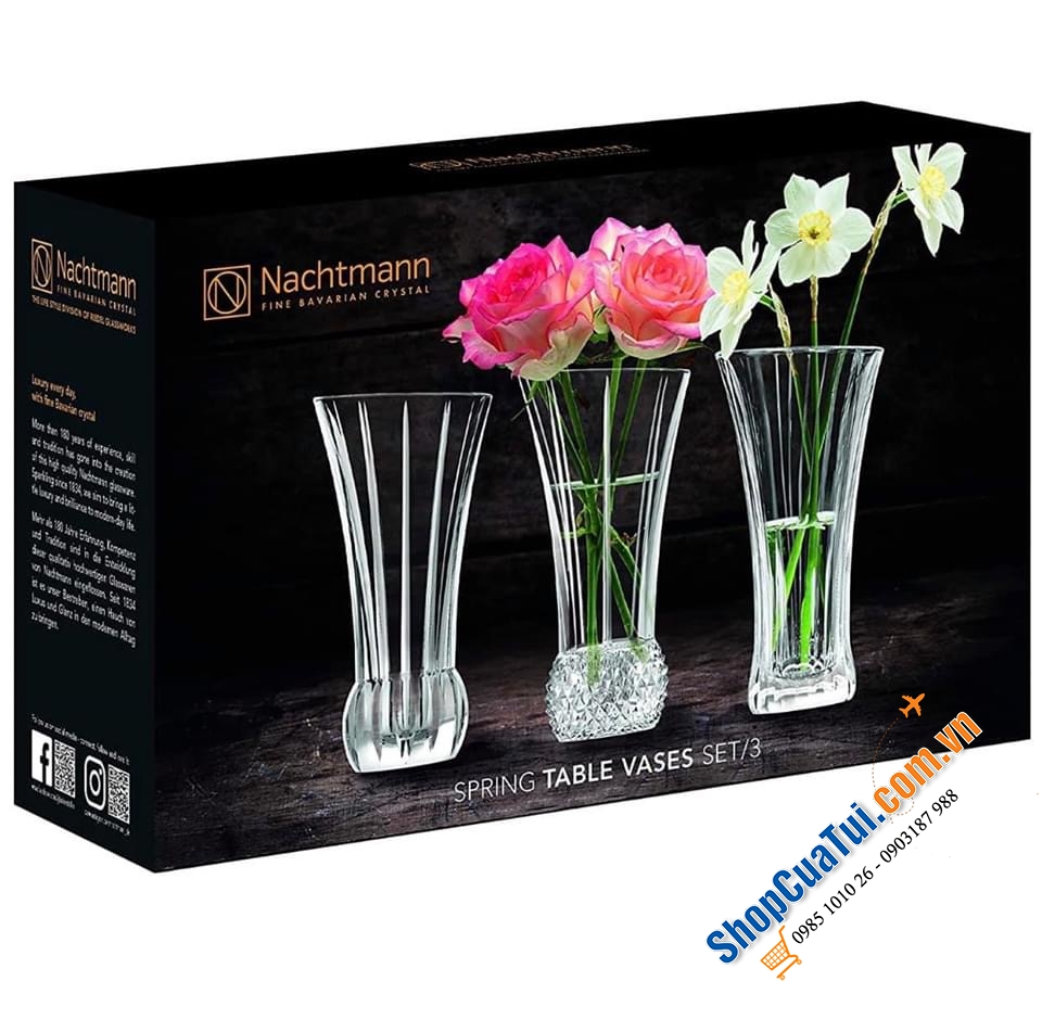SET 3 LỌ HOA MINI ĐỂ BÀN NACHTMANN 103242 - pha lê cao cấp của Đức, cho ánh sáng tự nhiên và sự hiện diện tuyệt vời của hoa