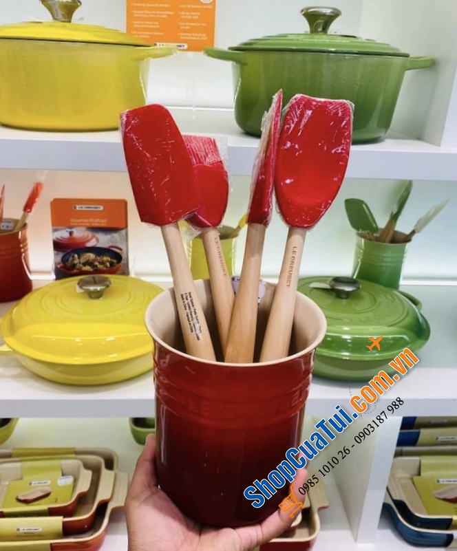 SET DỤNG CỤ NẤU ĂN SILICON KÈM HŨ ĐỰNG LE CREUSET MÀU ĐỎ, MÀU CAM: phới, chổi quét dầu, thìa dẻo, hũ